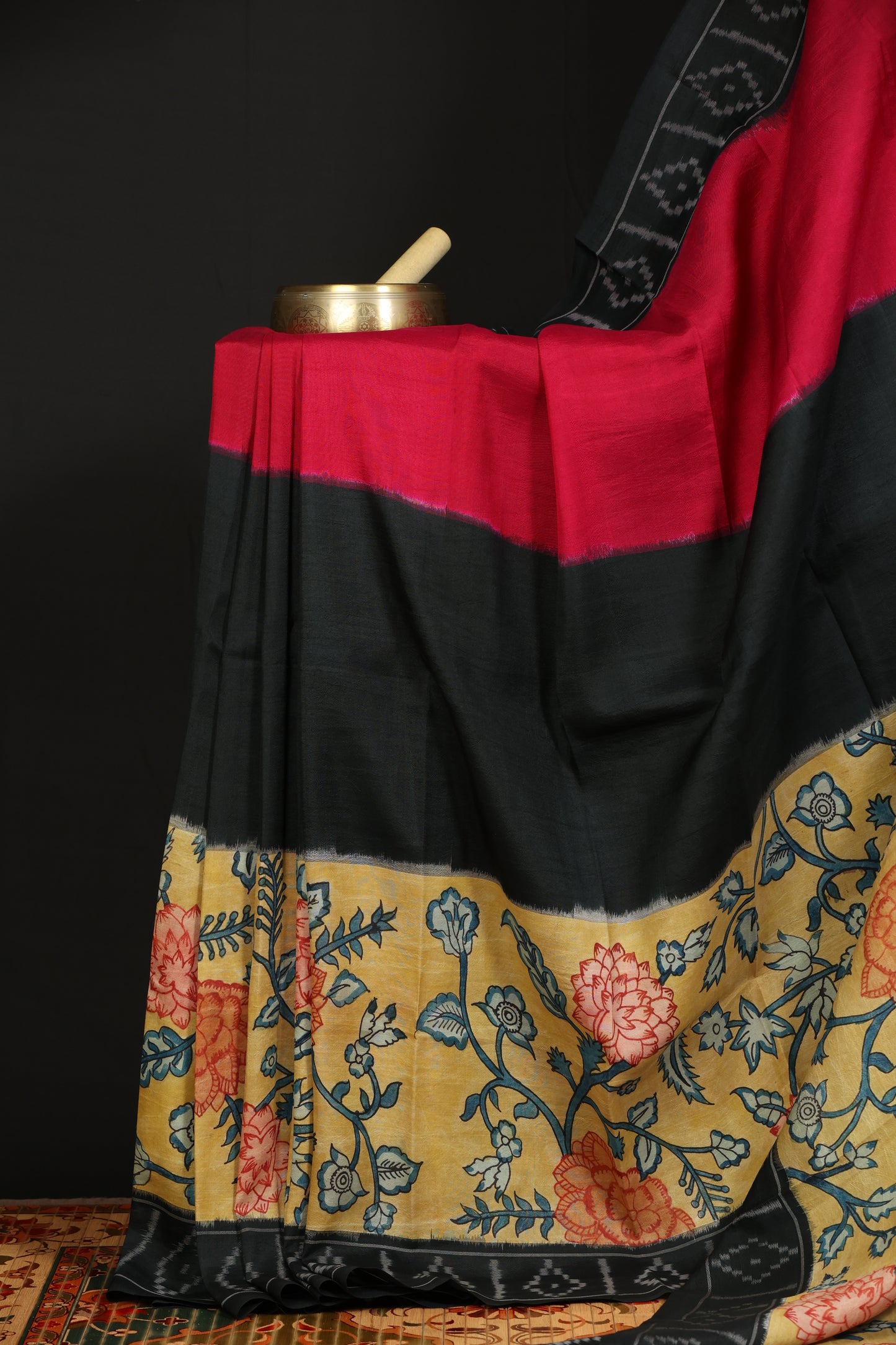 Pure silk ikkat with penkalamkari