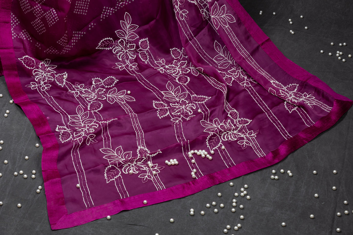 Satin Silk Organza with pearl work & bandhini Saree
