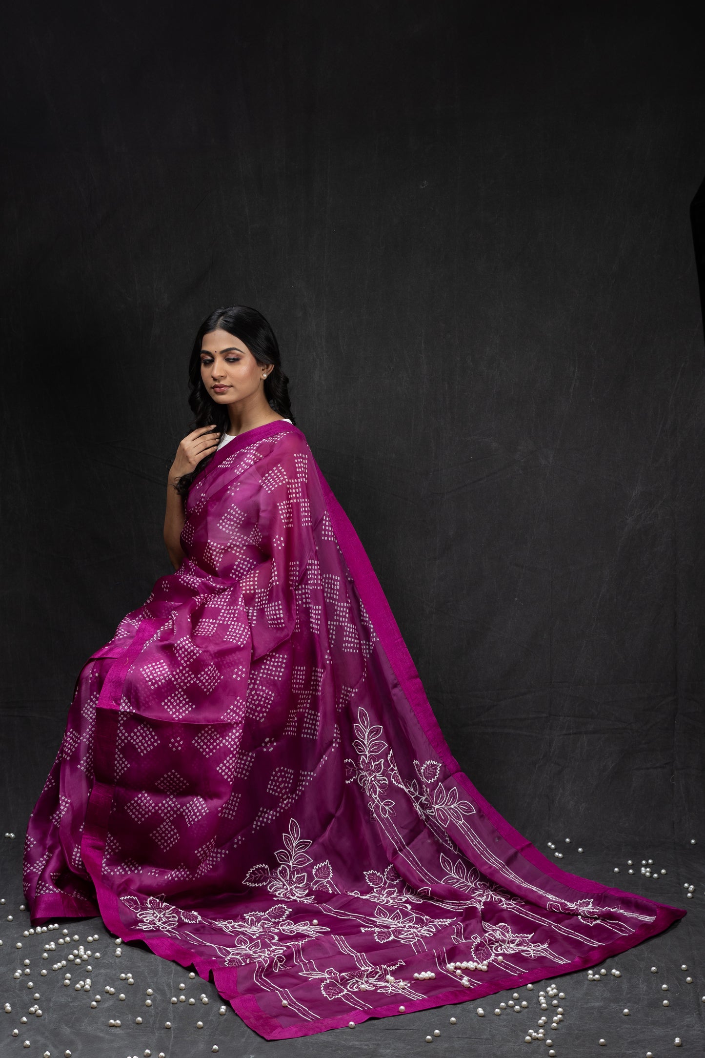 Satin Silk Organza with pearl work & bandhini Saree