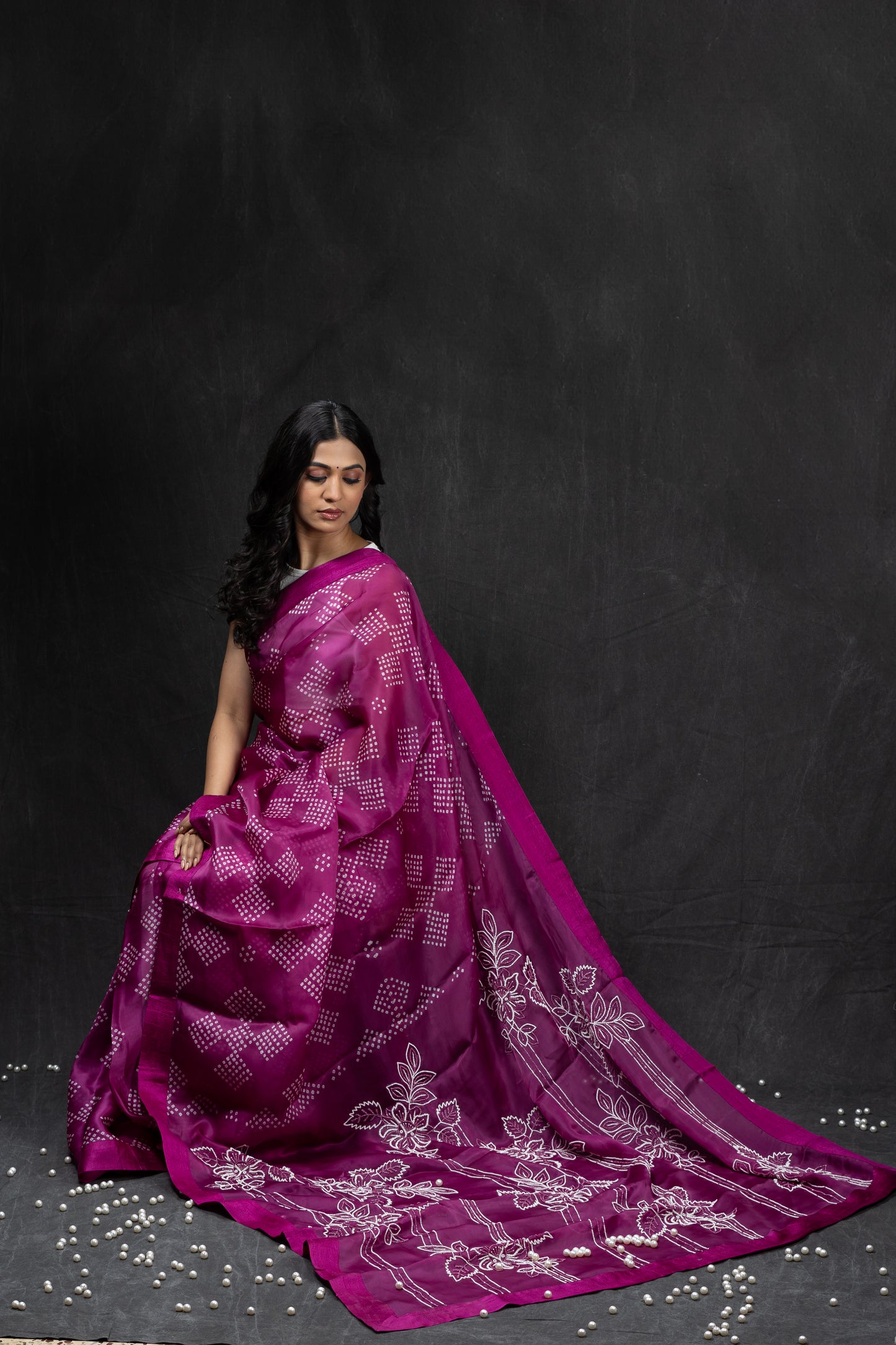 Satin Silk Organza with pearl work & bandhini Saree
