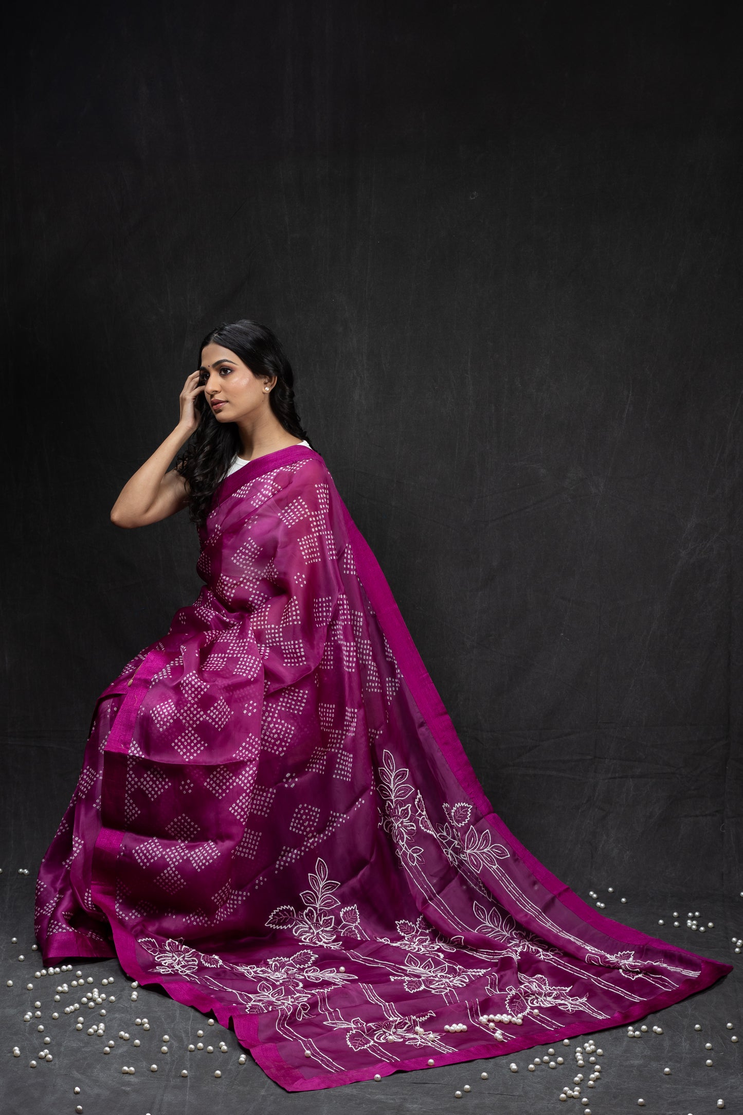 Satin Silk Organza with pearl work & bandhini Saree