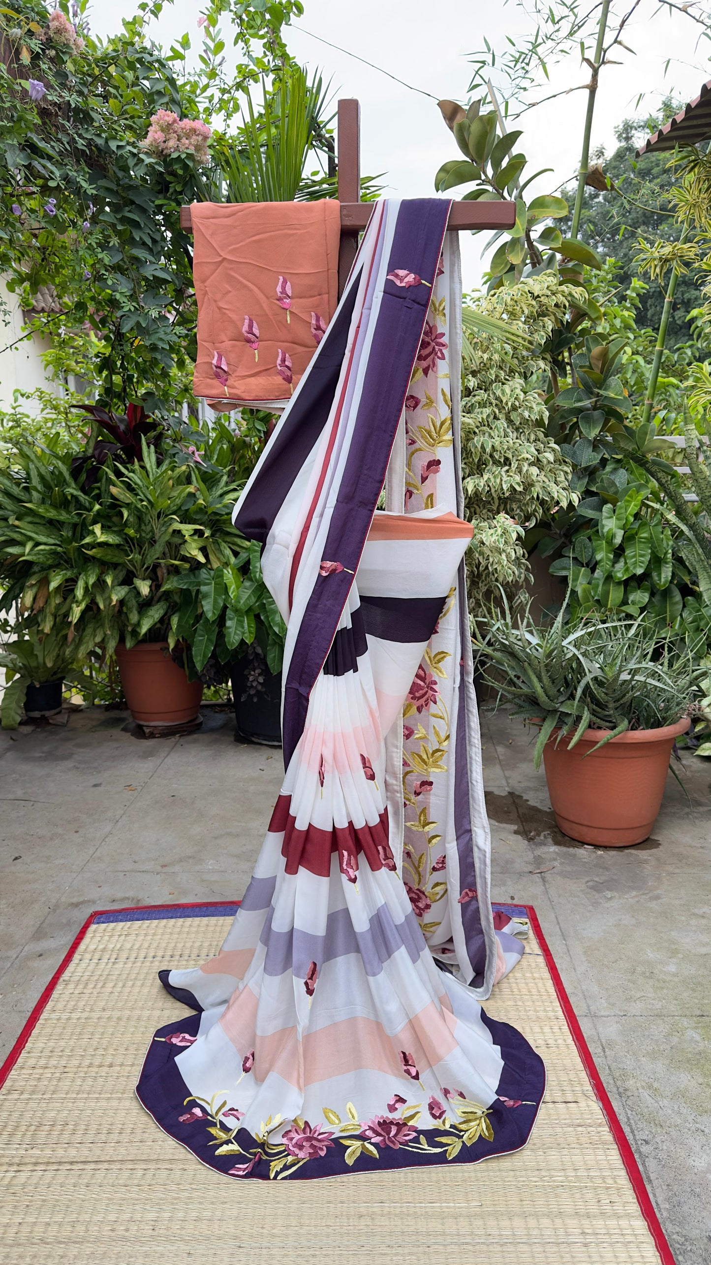 Pure silk crepe saree with parsi hand embroidery