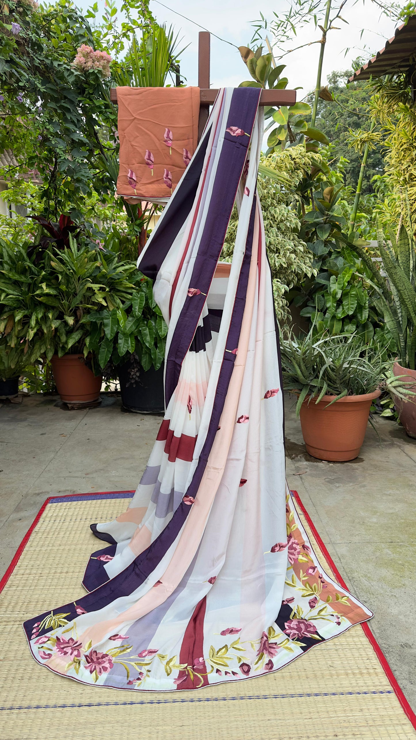 Pure silk crepe saree with parsi hand embroidery
