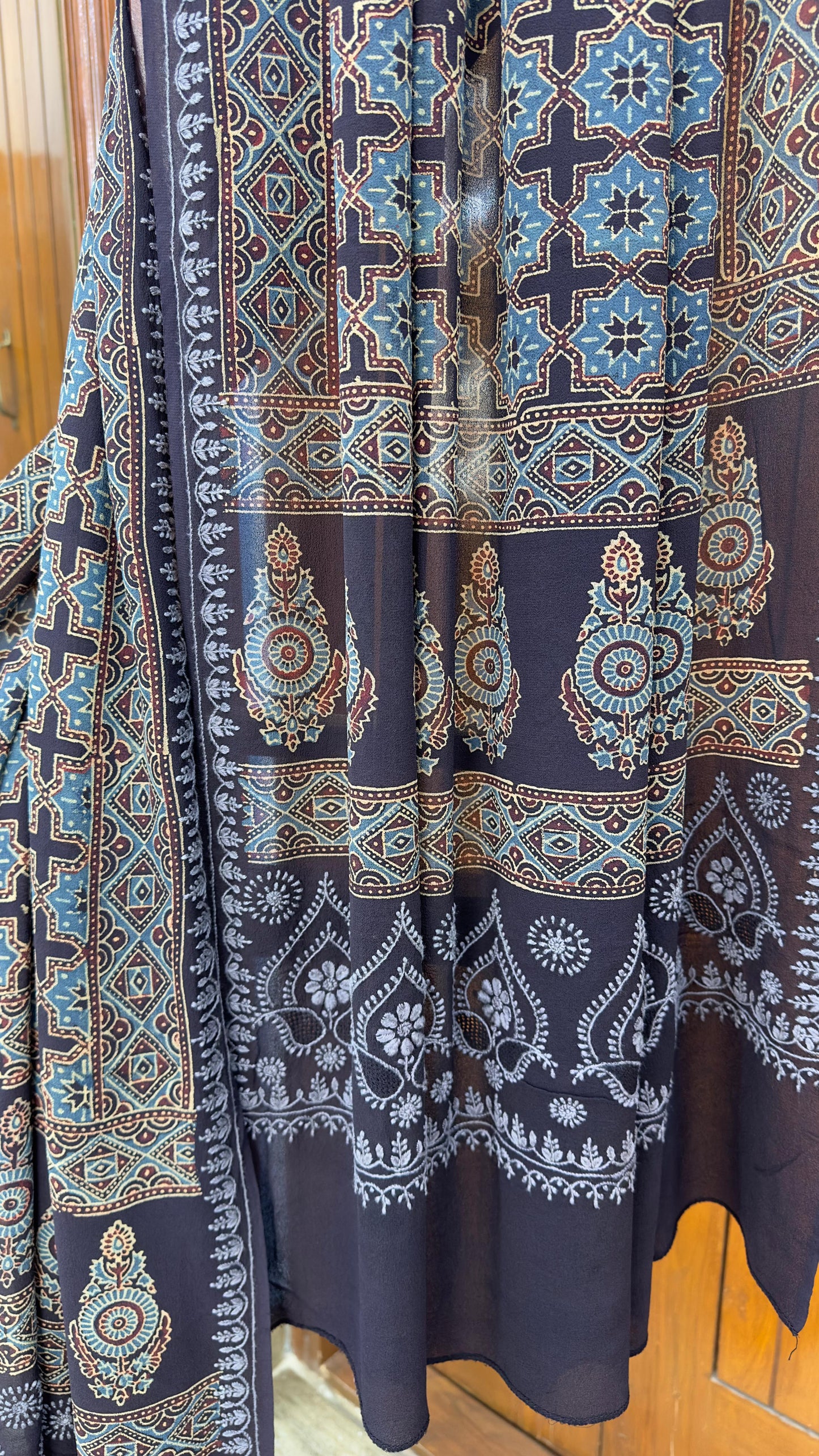 Pure silk gerogette Ajrakh with chikankari dupattas