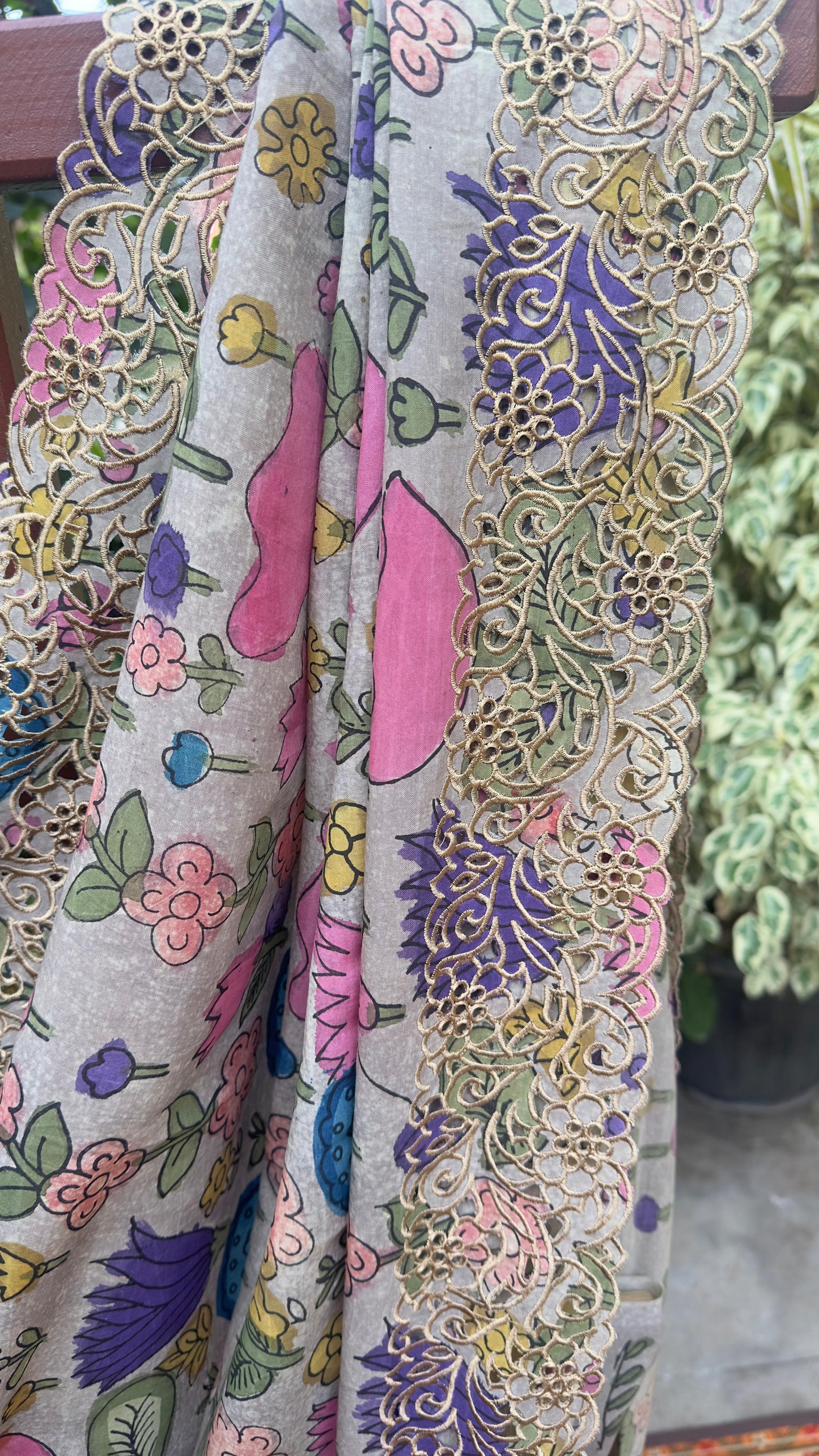 Penkalamkari Saree with cutwork & rawsilk embroidered blouses