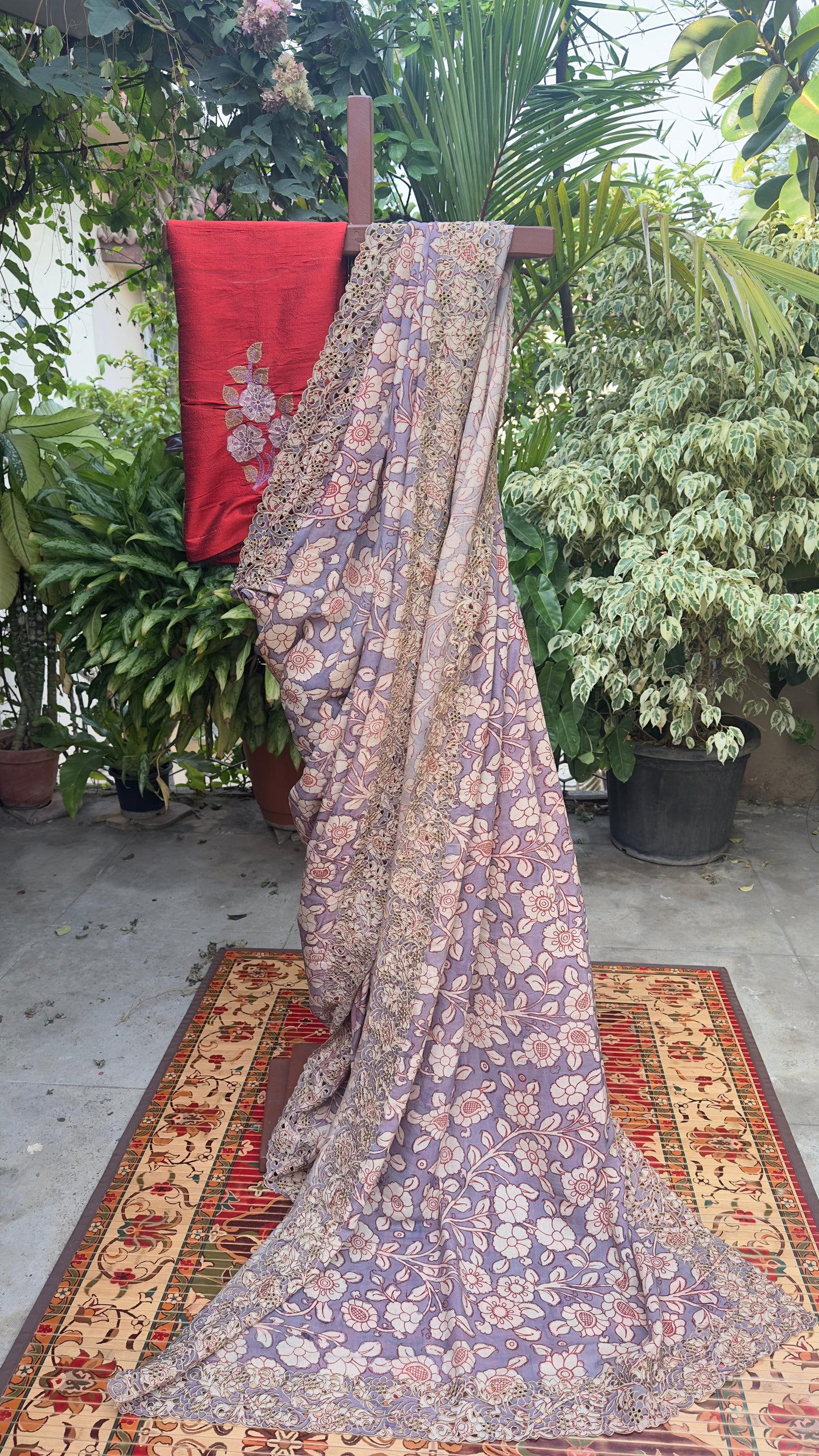 Penkalamkari Saree with cutwork & rawsilk embroidered blouses