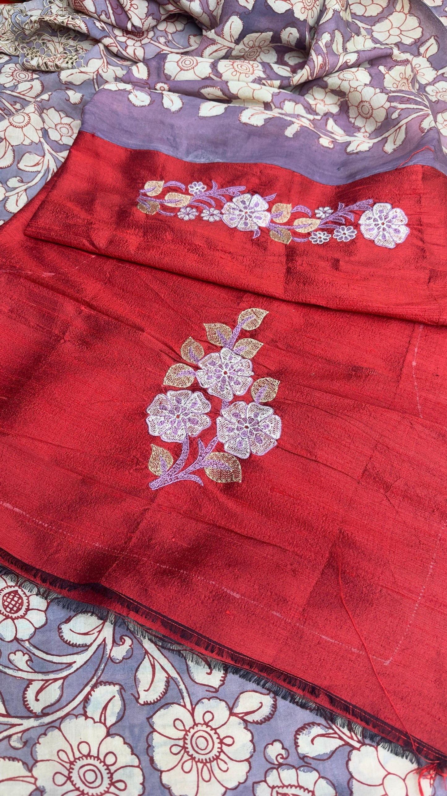 Penkalamkari Saree with cutwork & rawsilk embroidered blouses