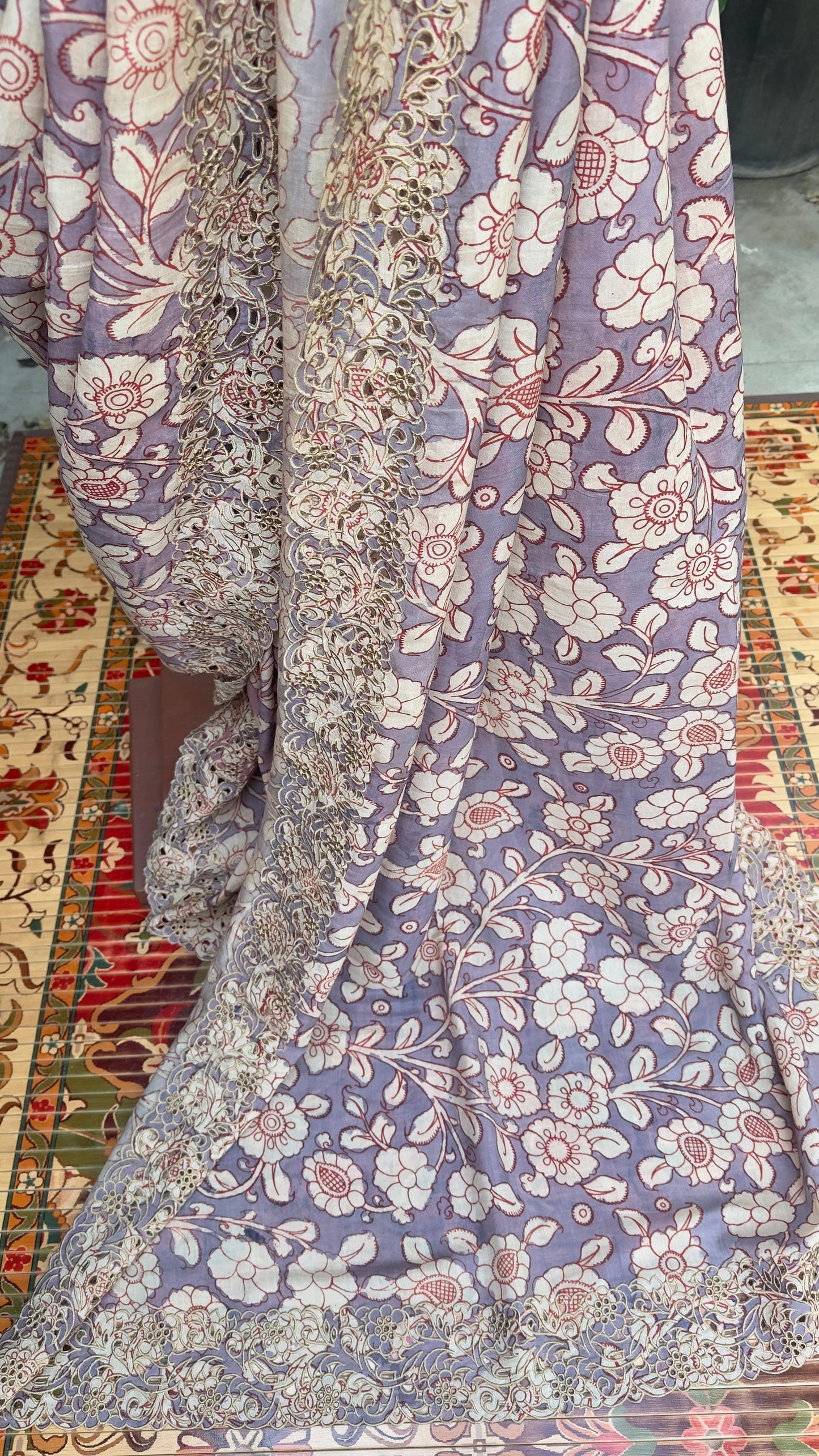 Penkalamkari Saree with cutwork & rawsilk embroidered blouses