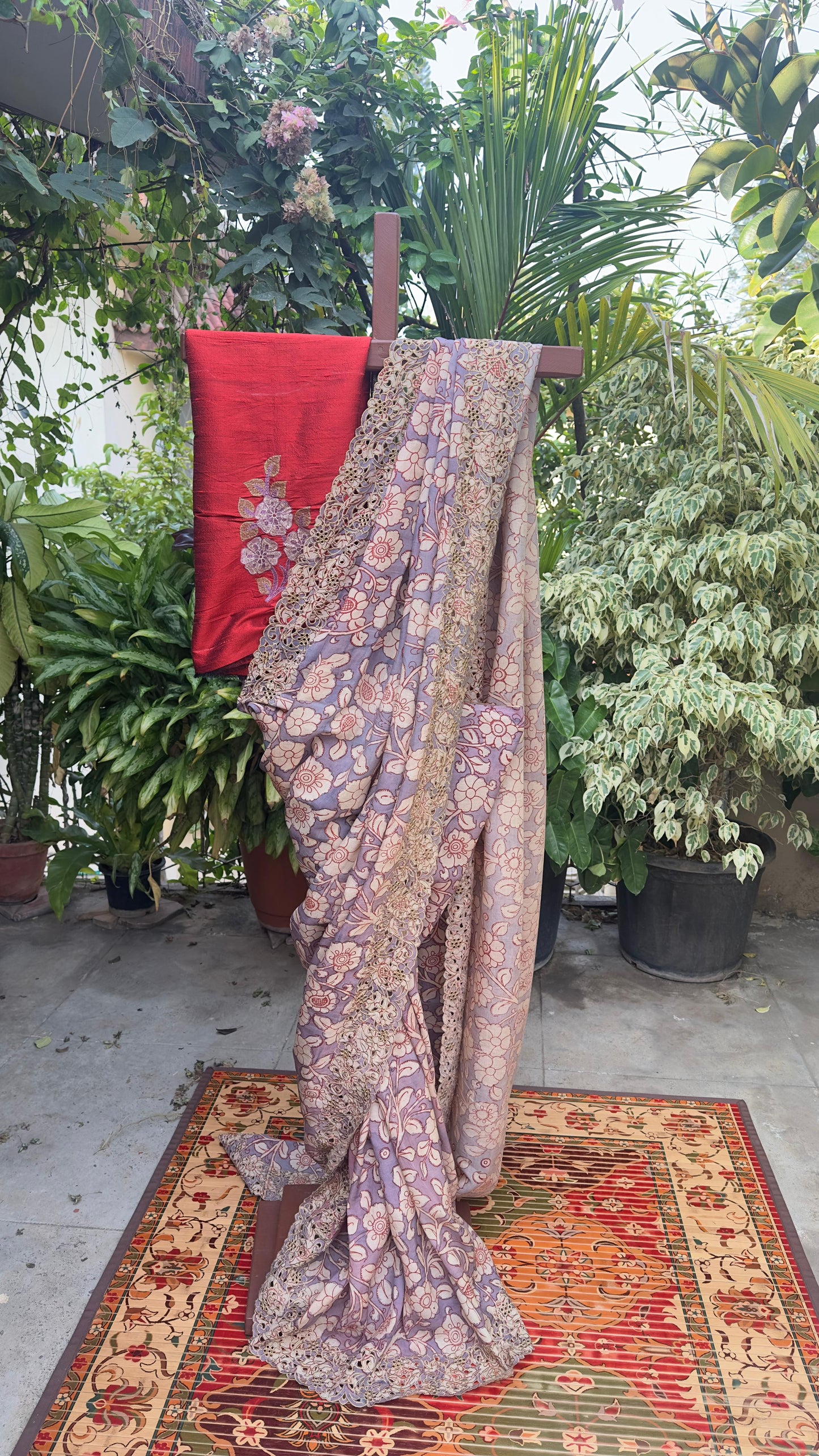 Penkalamkari Saree with cutwork & rawsilk embroidered blouses