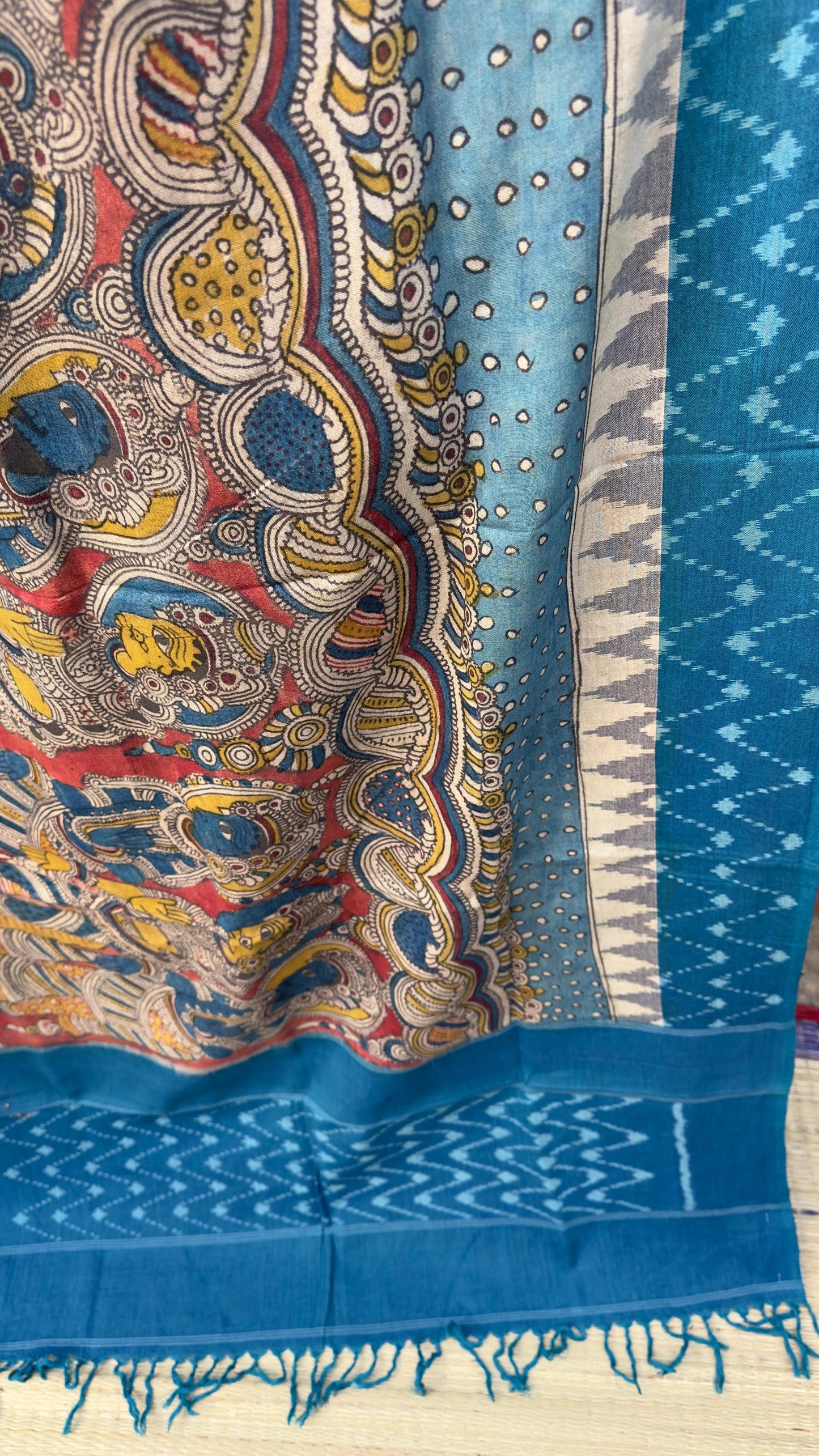 Traditional Penkalamkari on Ikkat cotton dupatta