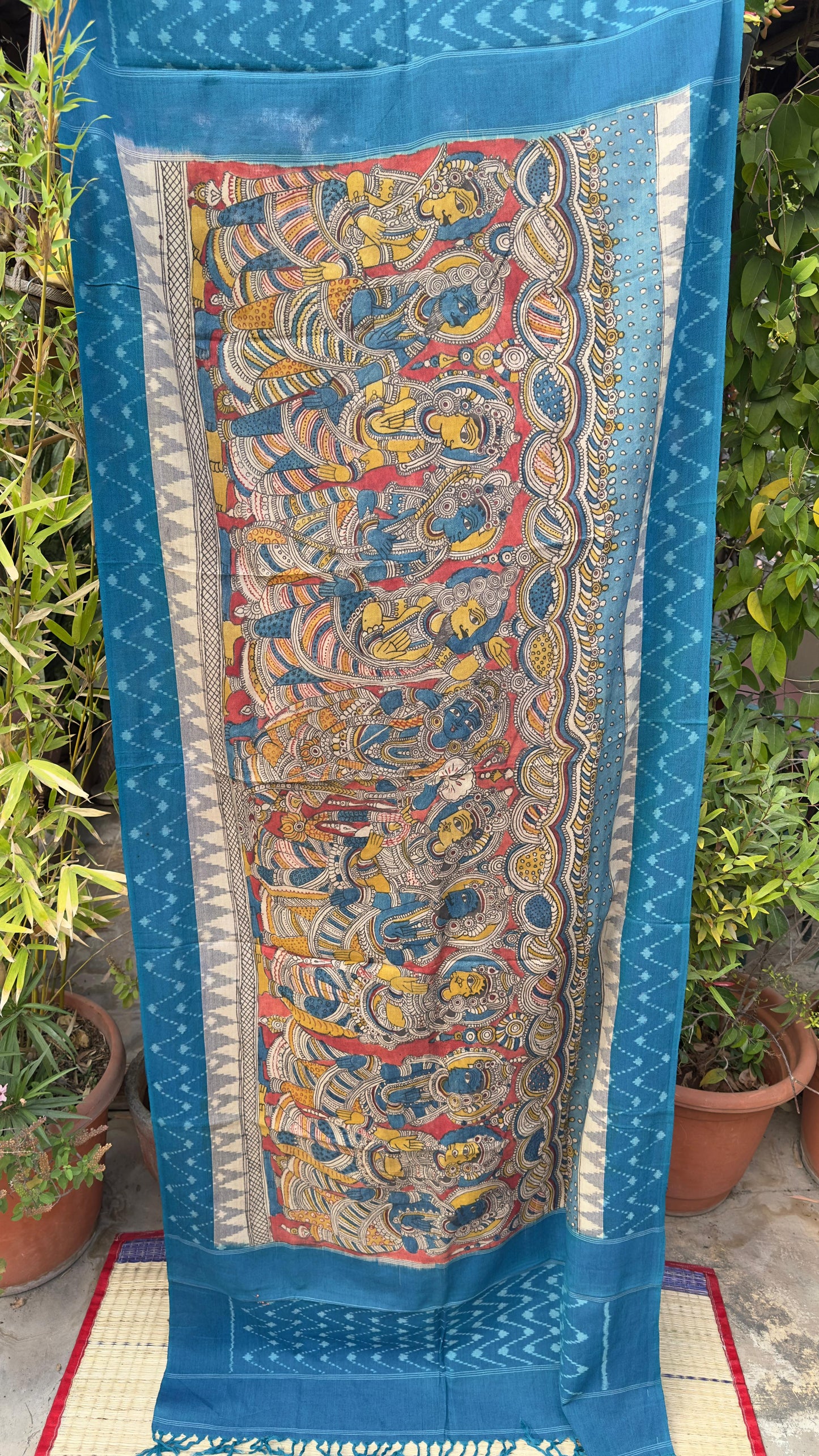 Traditional Penkalamkari on Ikkat cotton dupatta