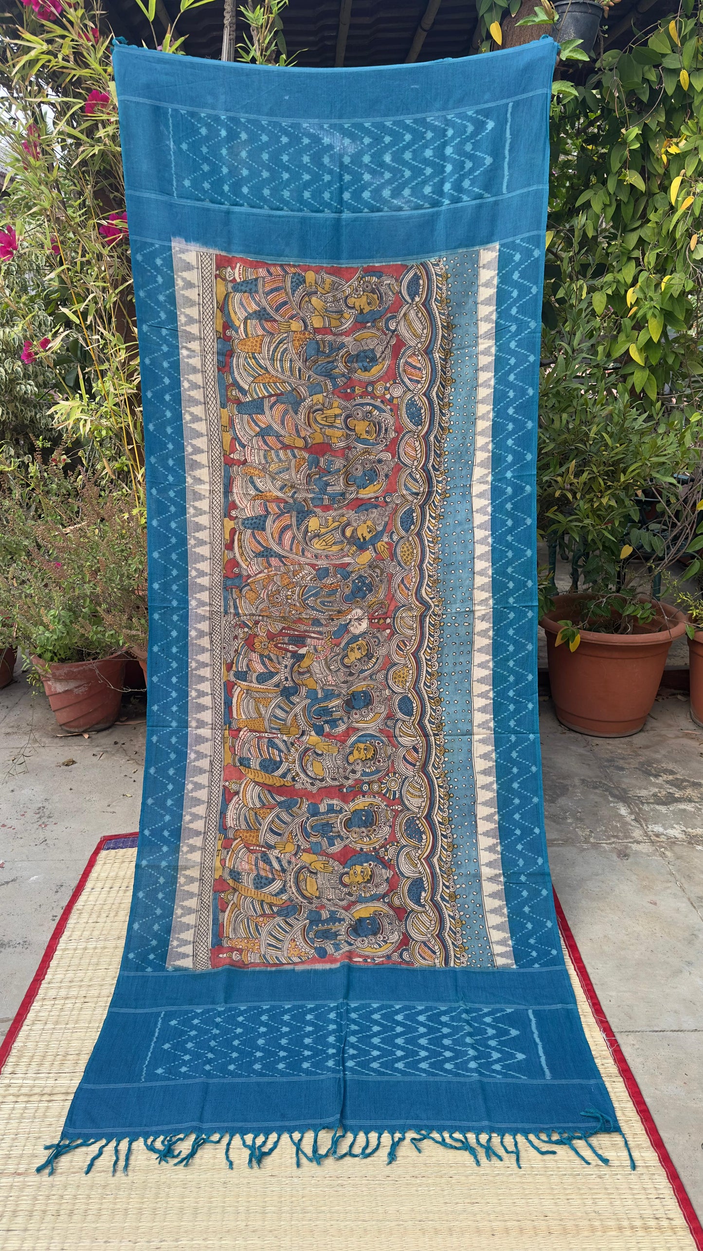 Traditional Penkalamkari on Ikkat cotton dupatta