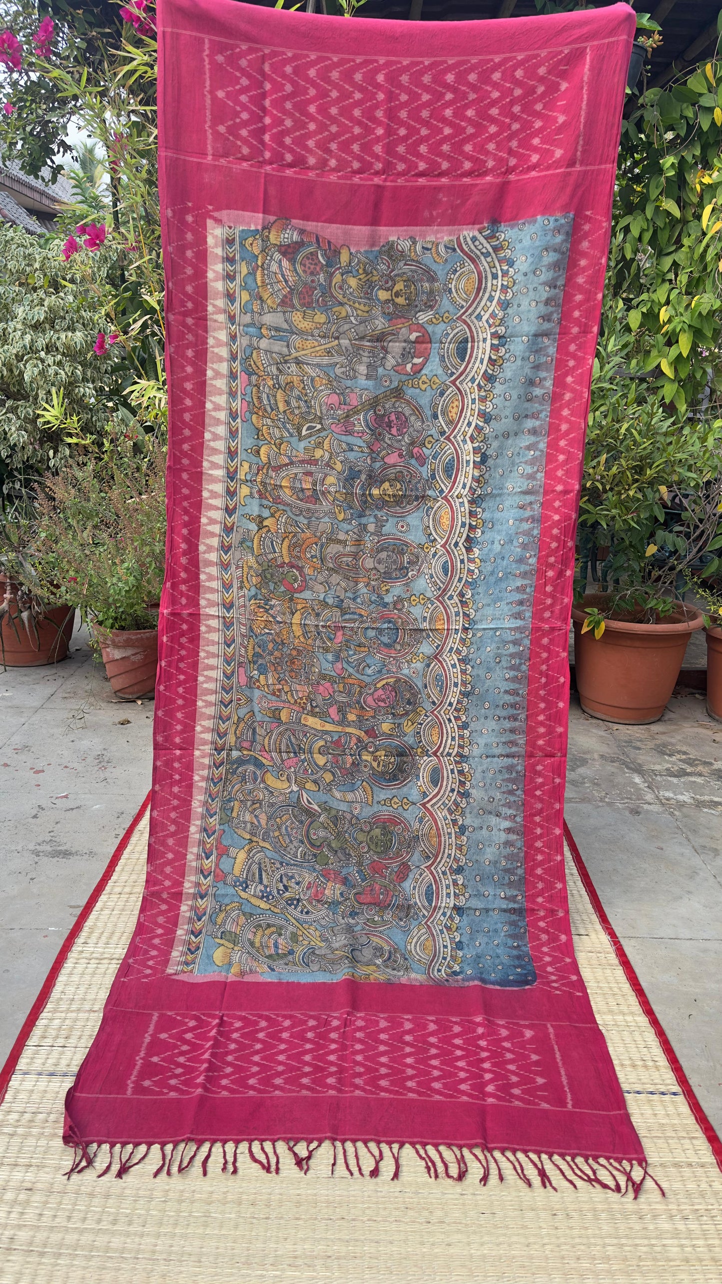 Traditional Penkalamkari on Ikkat cotton dupatta