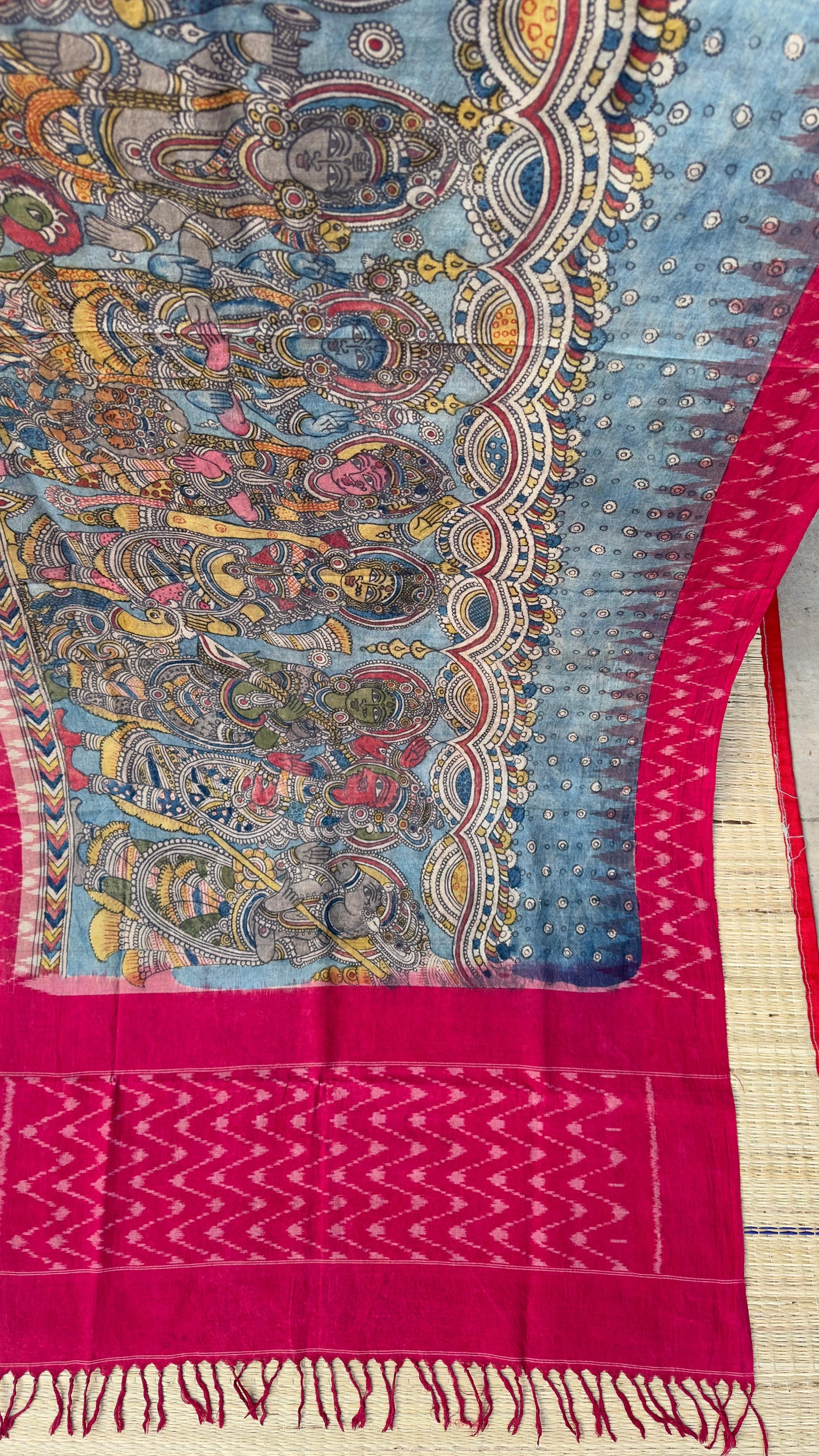 Traditional Penkalamkari on Ikkat cotton dupatta