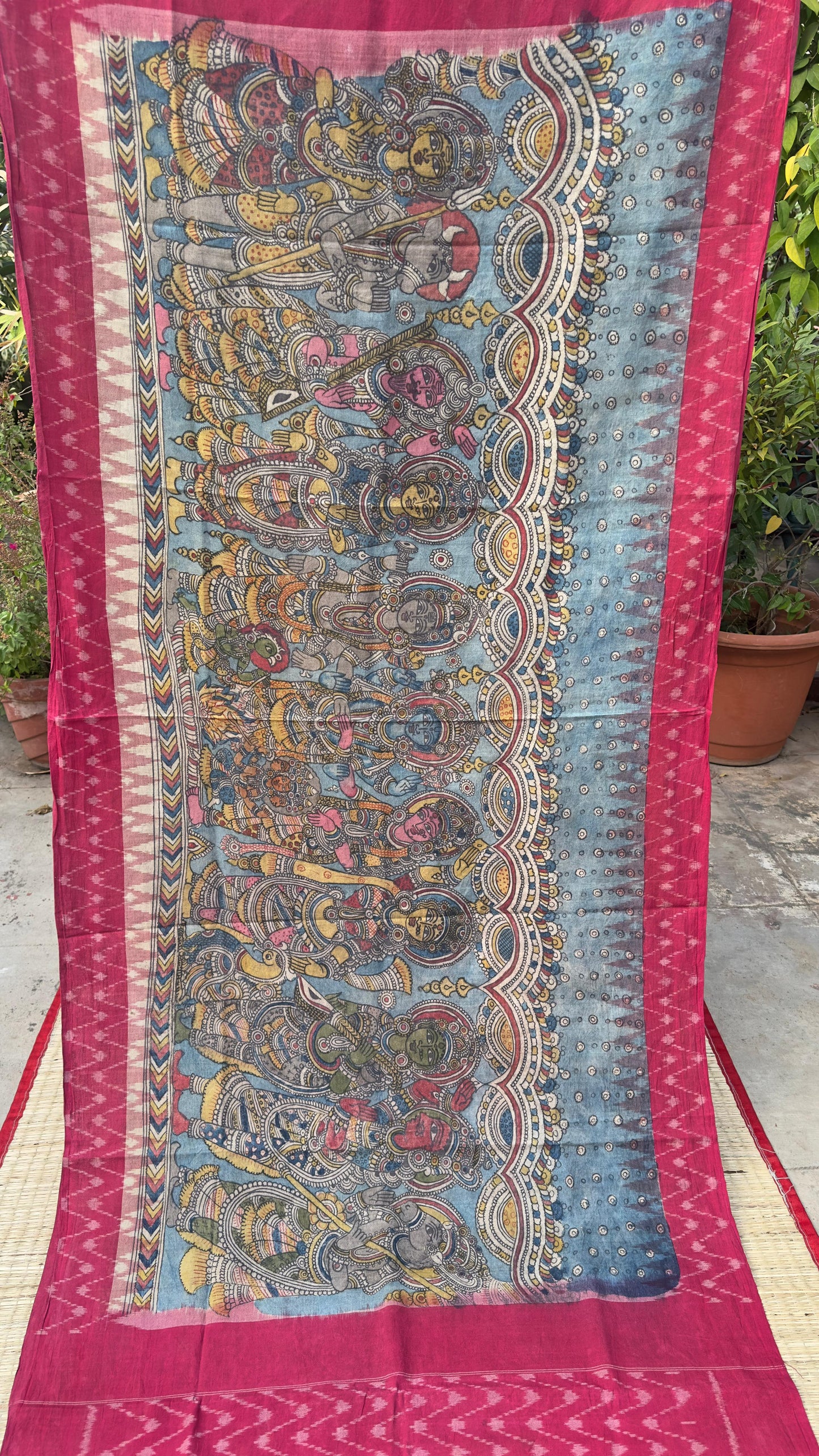 Traditional Penkalamkari on Ikkat cotton dupatta