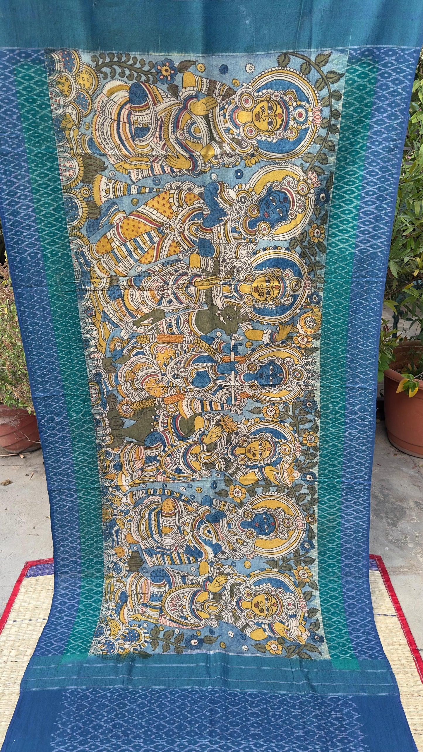 Traditional Penkalamkari on Ikkat cotton dupatta