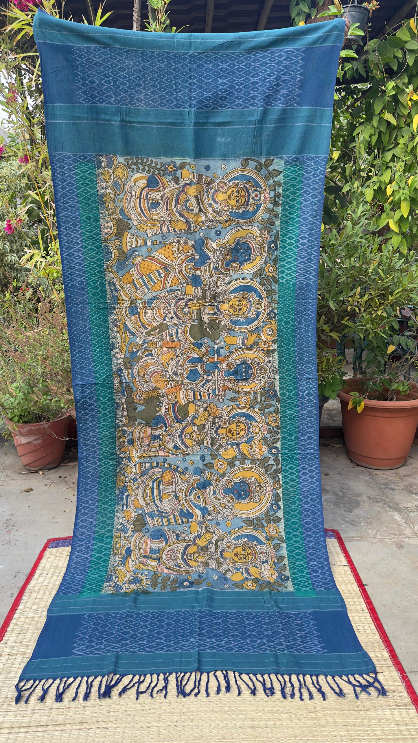 Traditional Penkalamkari on Ikkat cotton dupatta