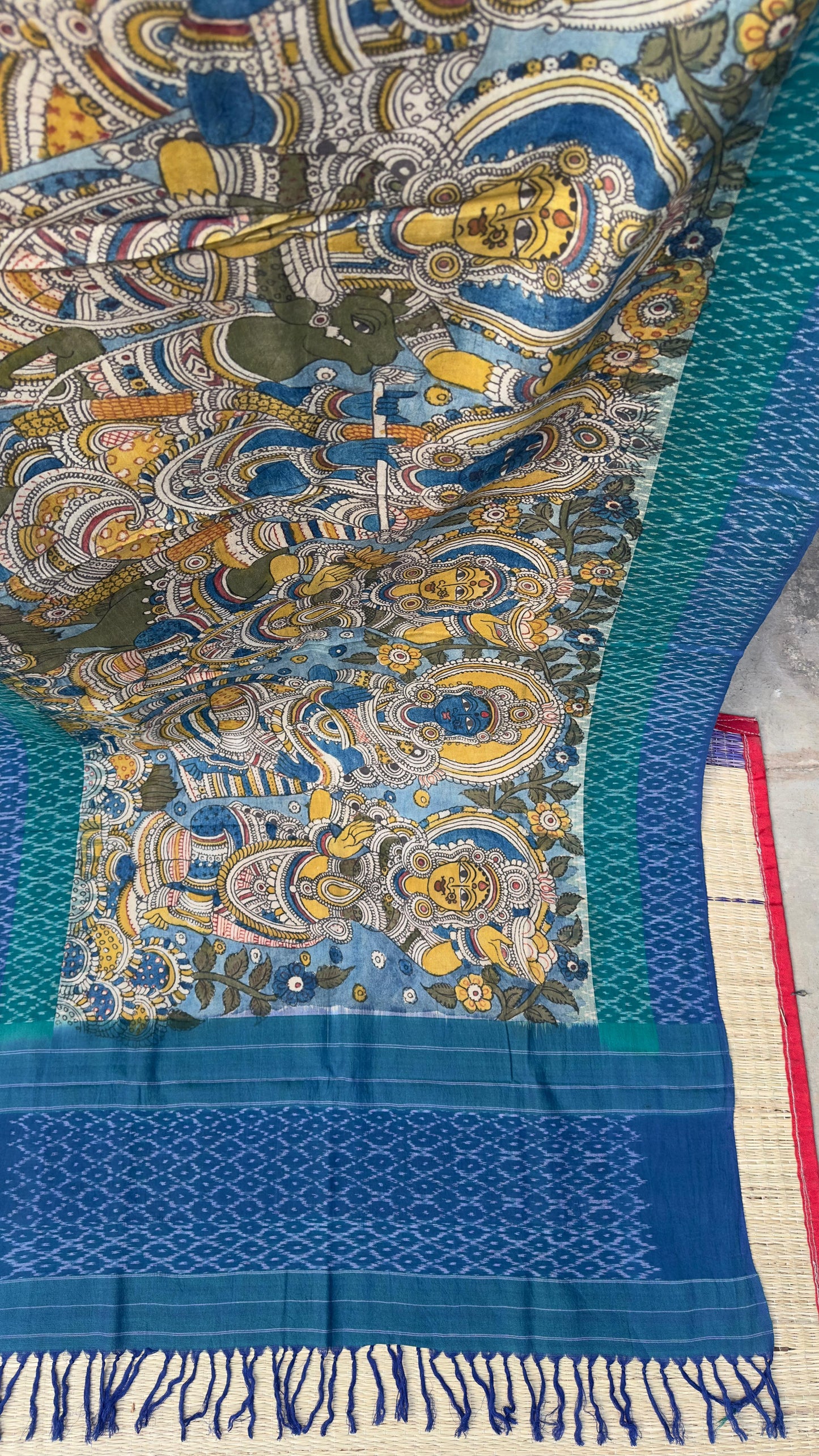 Traditional Penkalamkari on Ikkat cotton dupatta