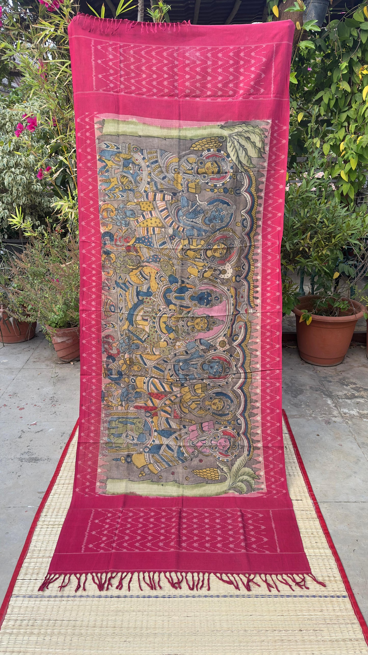 Traditional Penkalamkari on Ikkat cotton dupatta