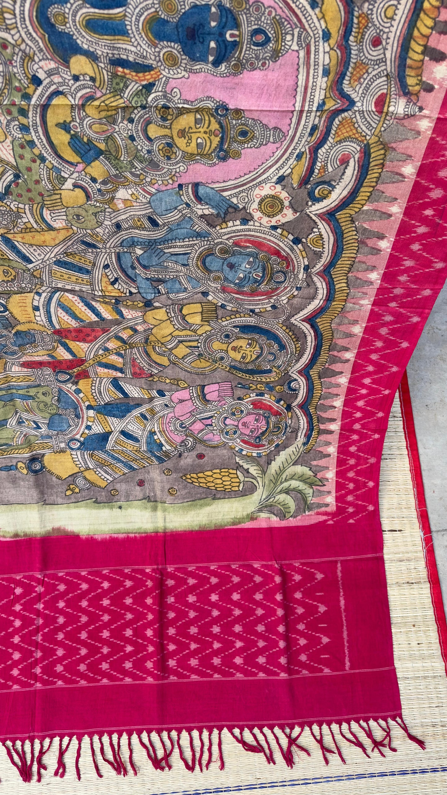Traditional Penkalamkari on Ikkat cotton dupatta