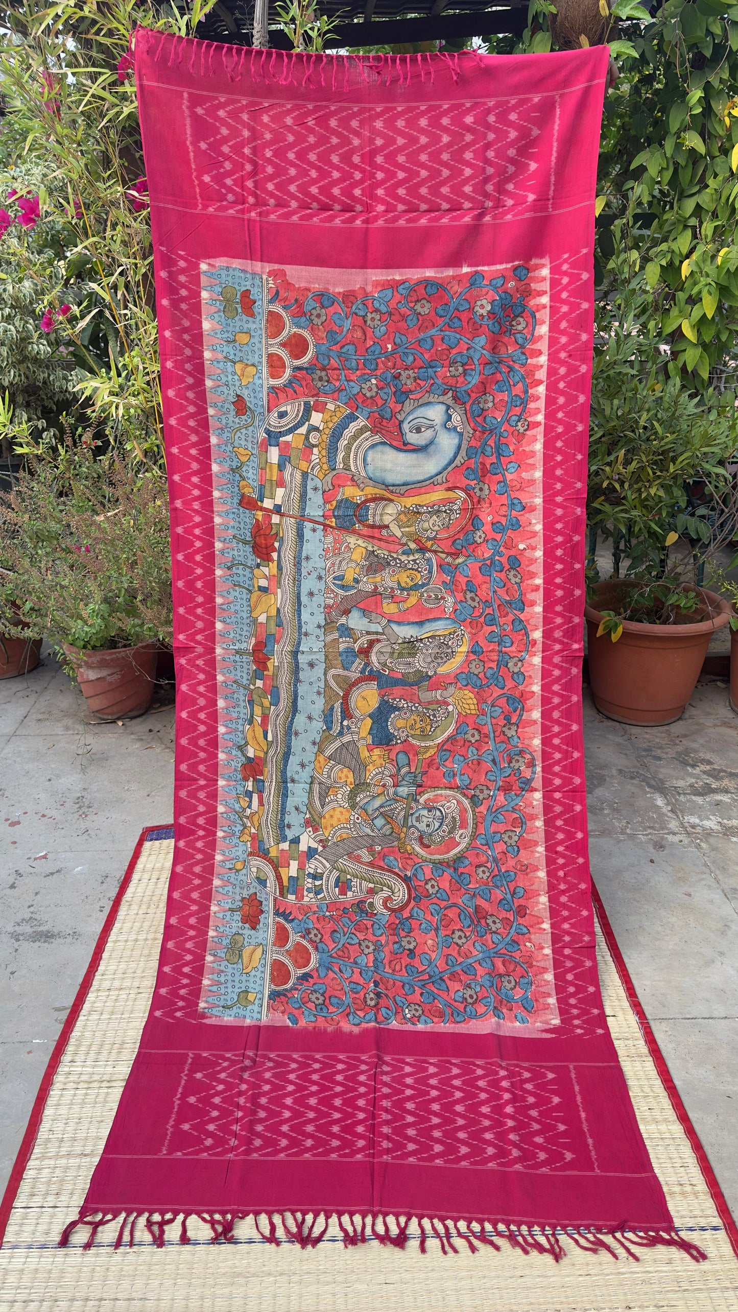 Traditional Penkalamkari on Ikkat cotton dupatta
