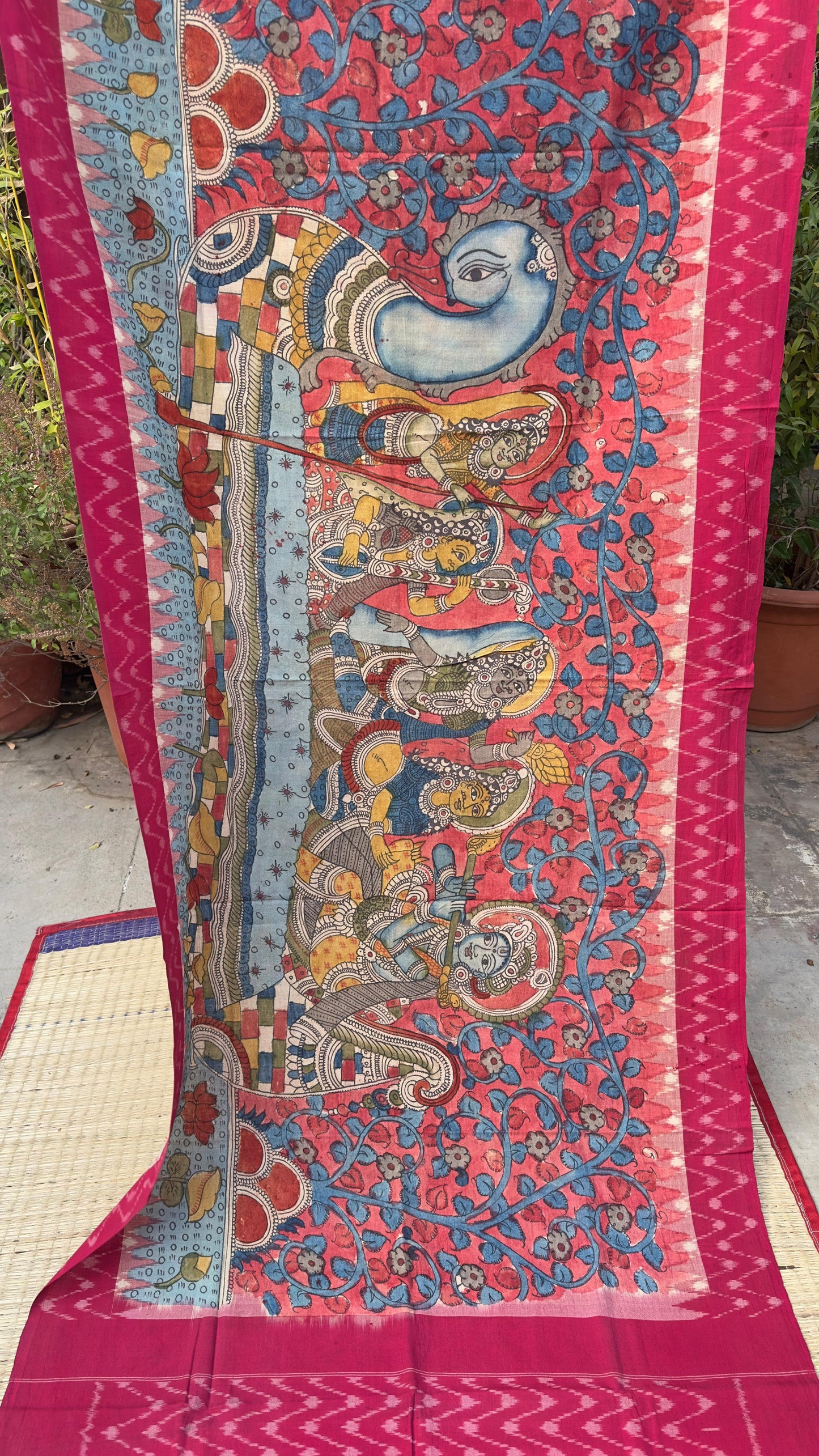 Traditional Penkalamkari on Ikkat cotton dupatta