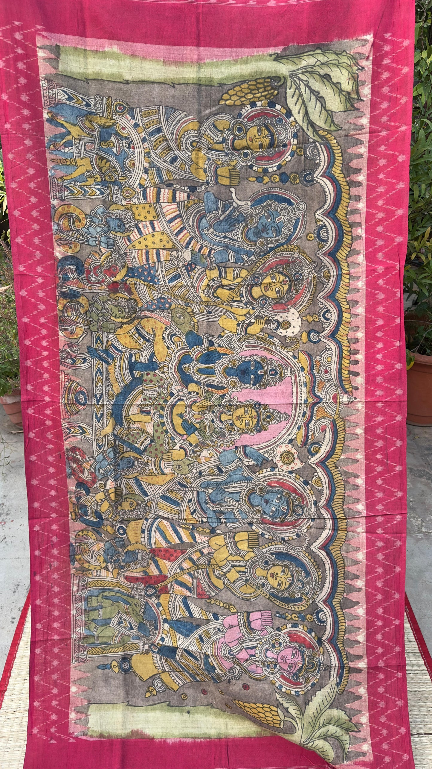 Traditional Penkalamkari on Ikkat cotton dupatta