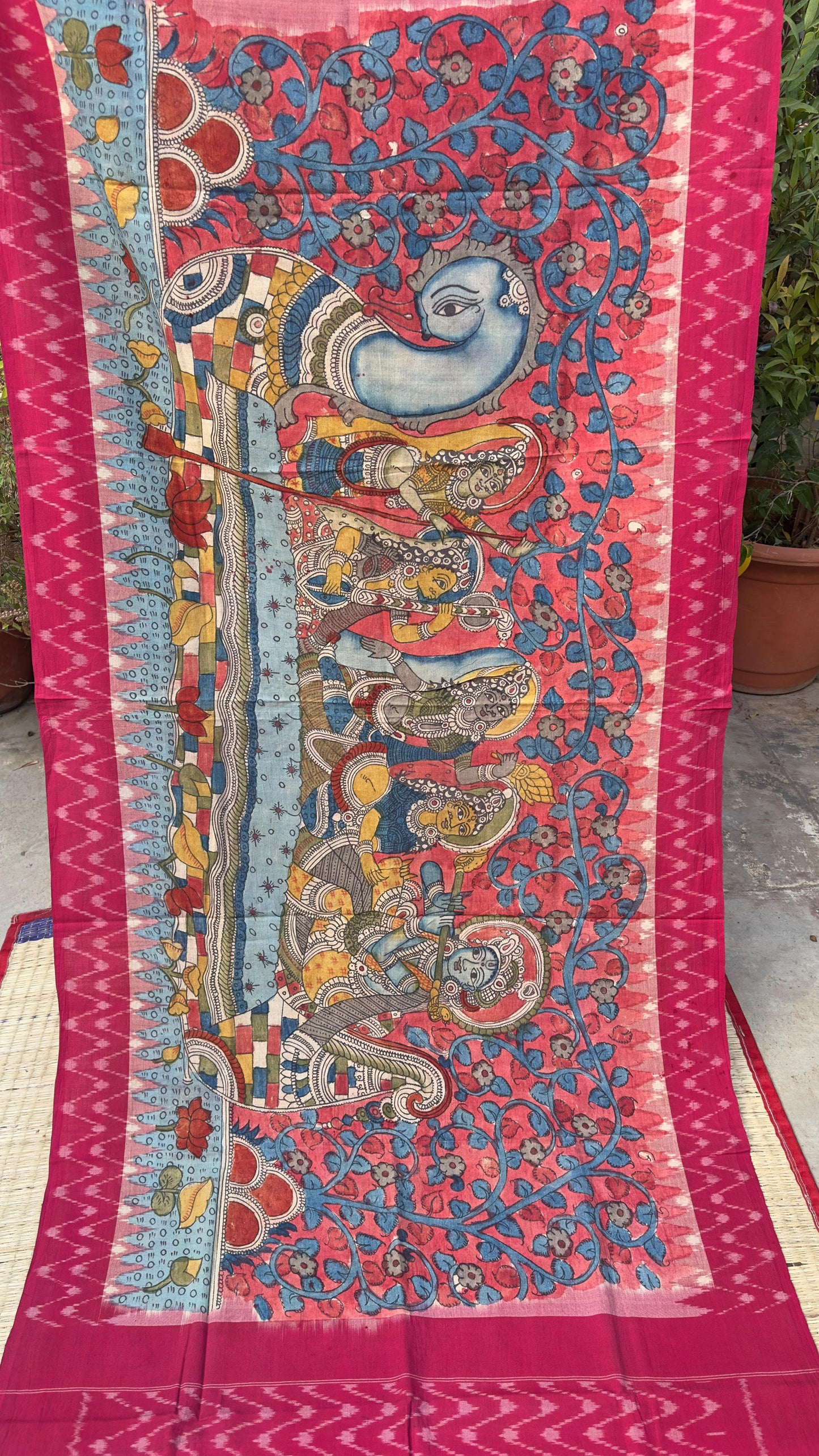 Traditional Penkalamkari on Ikkat cotton dupatta