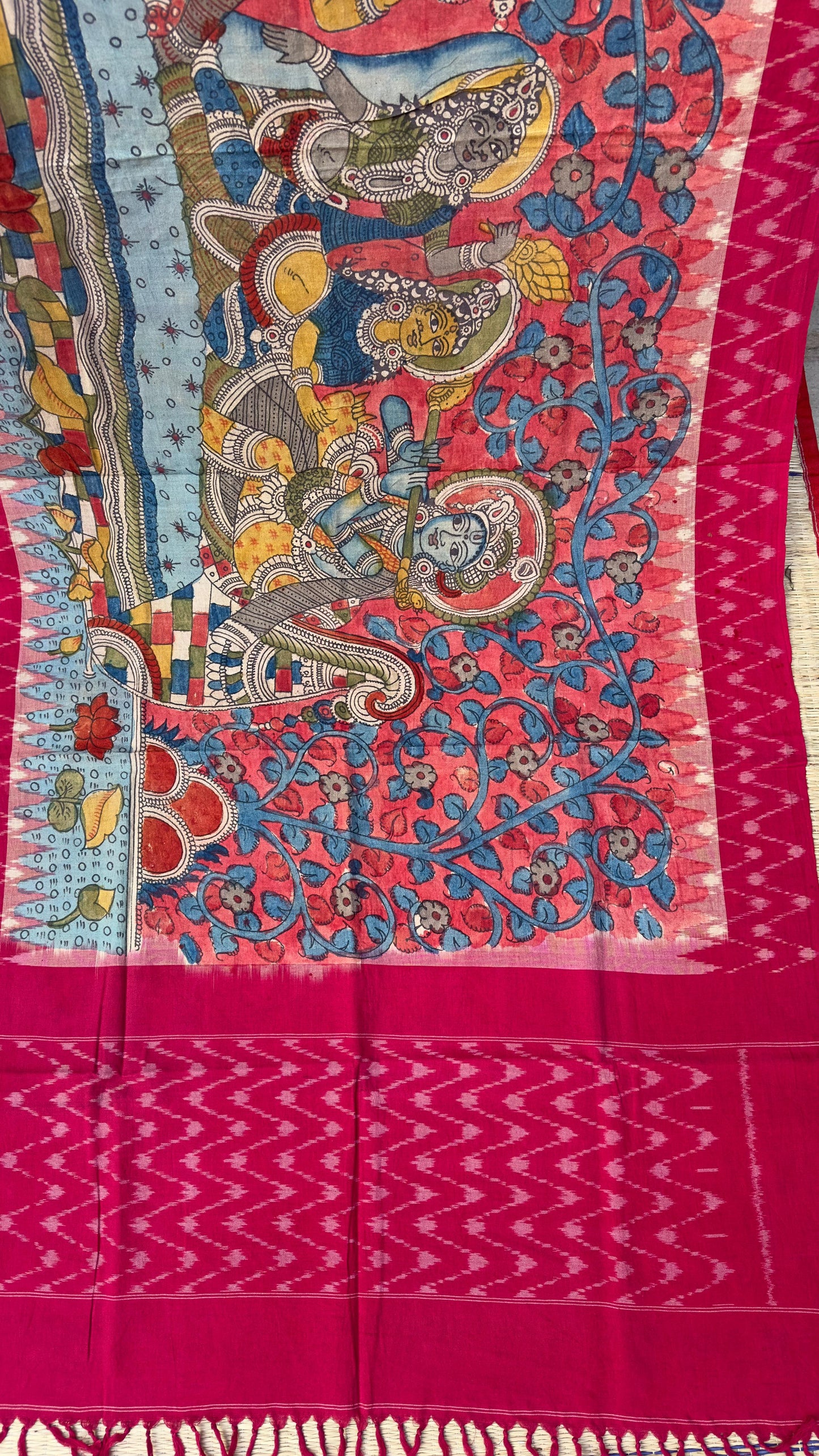 Traditional Penkalamkari on Ikkat cotton dupatta