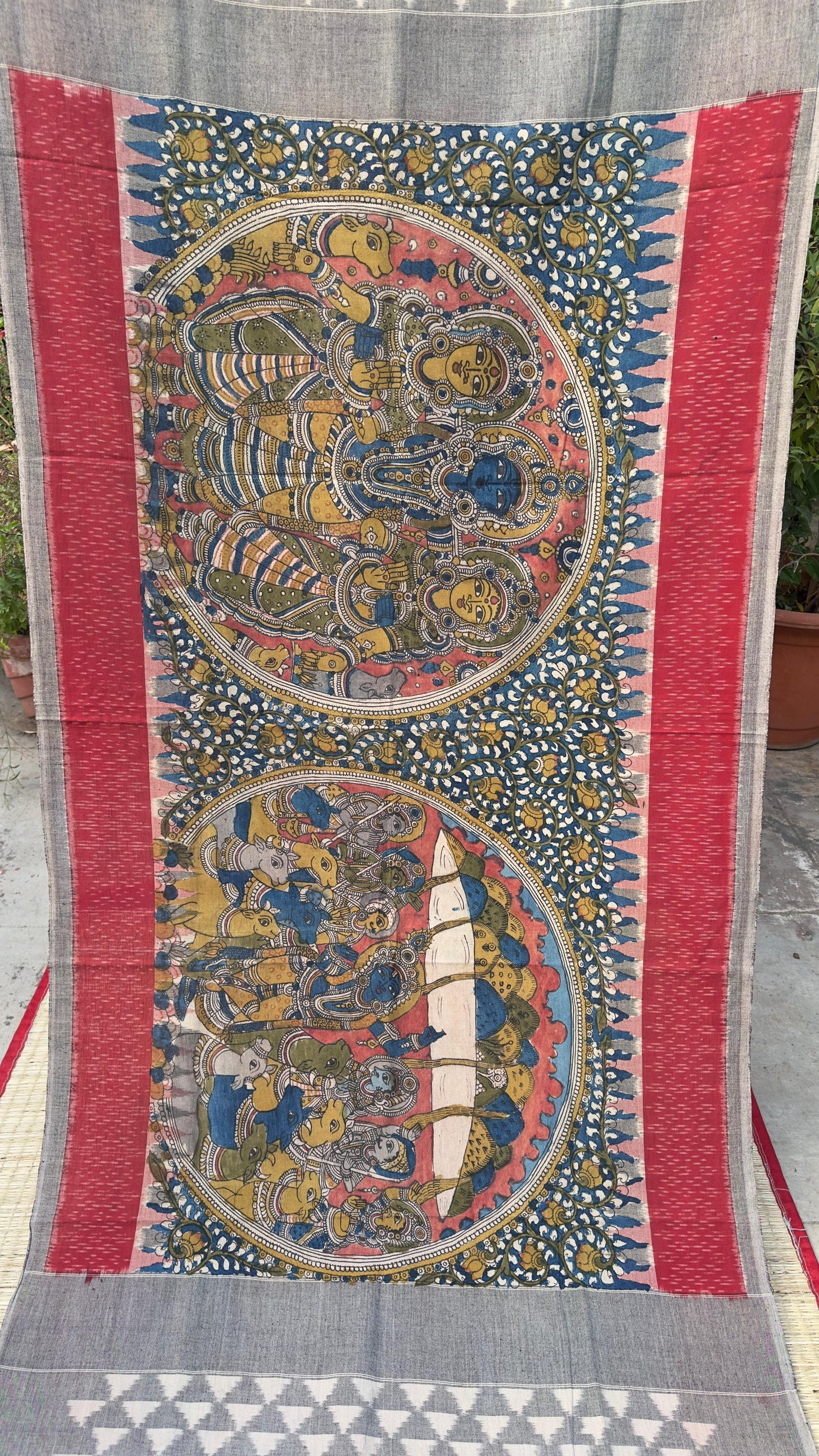 Traditional Penkalamkari on Ikkat cotton dupatta