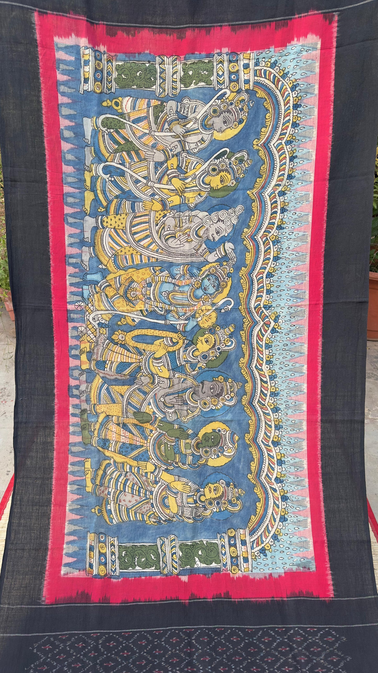 Traditional Penkalamkari on Ikkat cotton dupatta