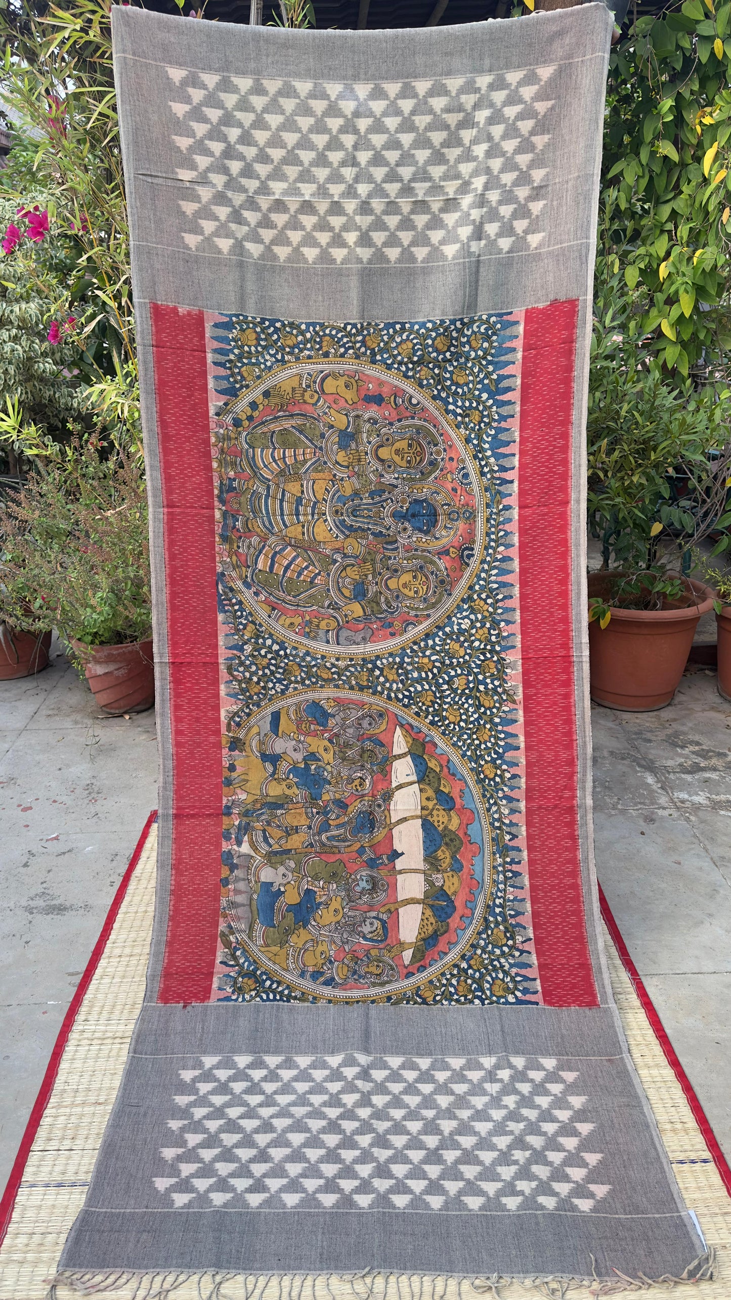 Traditional Penkalamkari on Ikkat cotton dupatta
