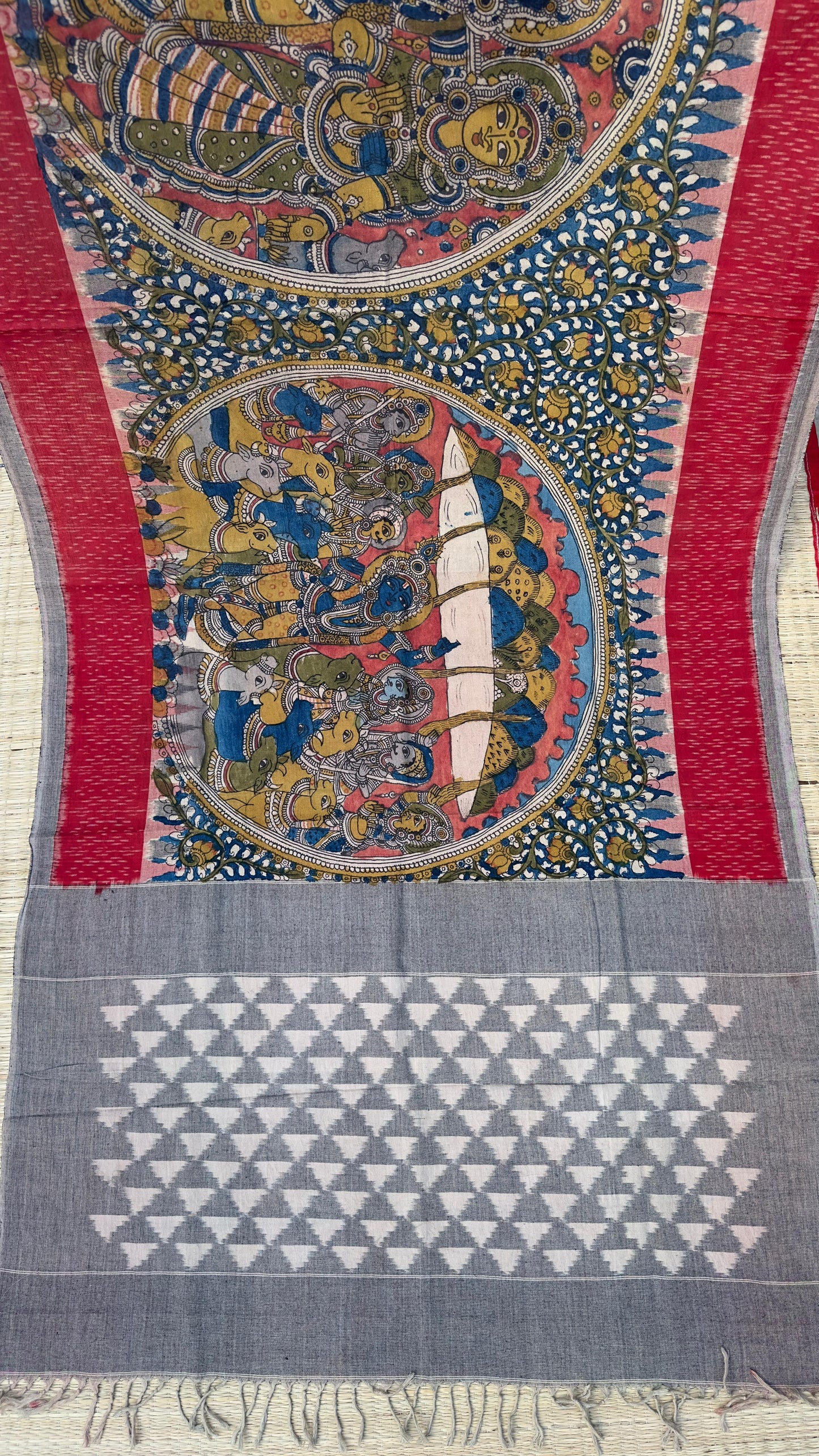 Traditional Penkalamkari on Ikkat cotton dupatta
