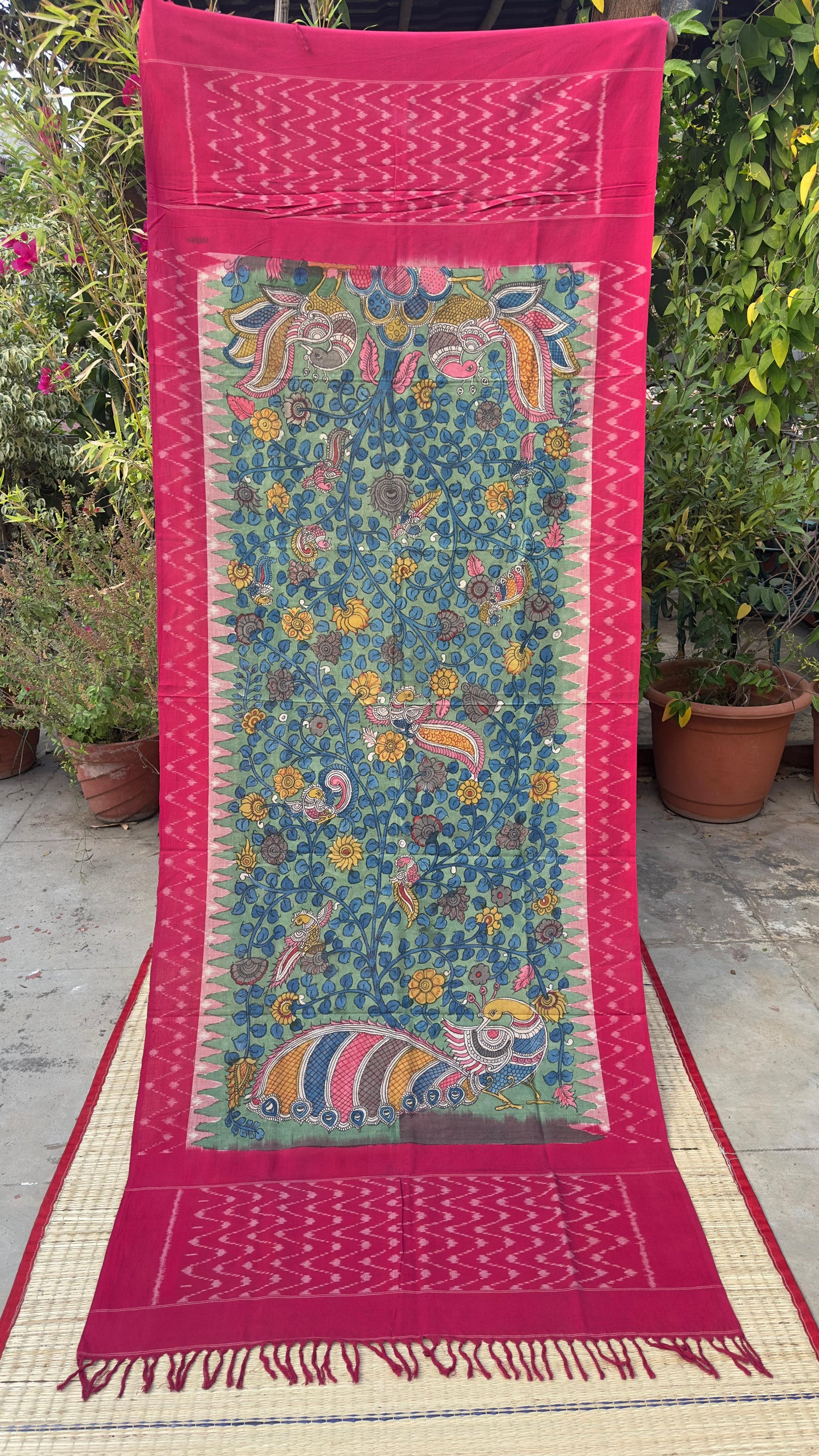 Traditional Penkalamkari on Ikkat cotton dupatta