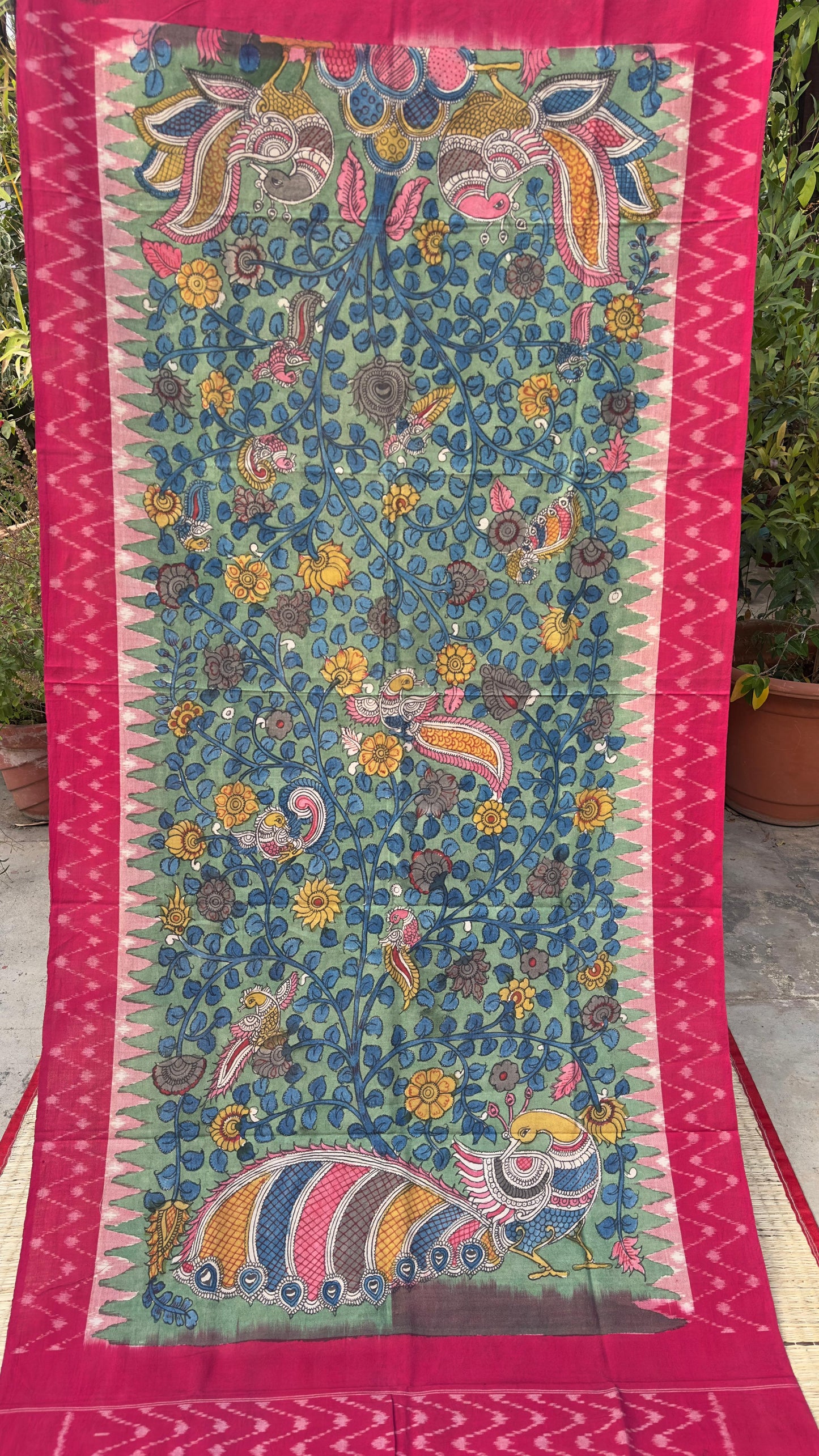 Traditional Penkalamkari on Ikkat cotton dupatta