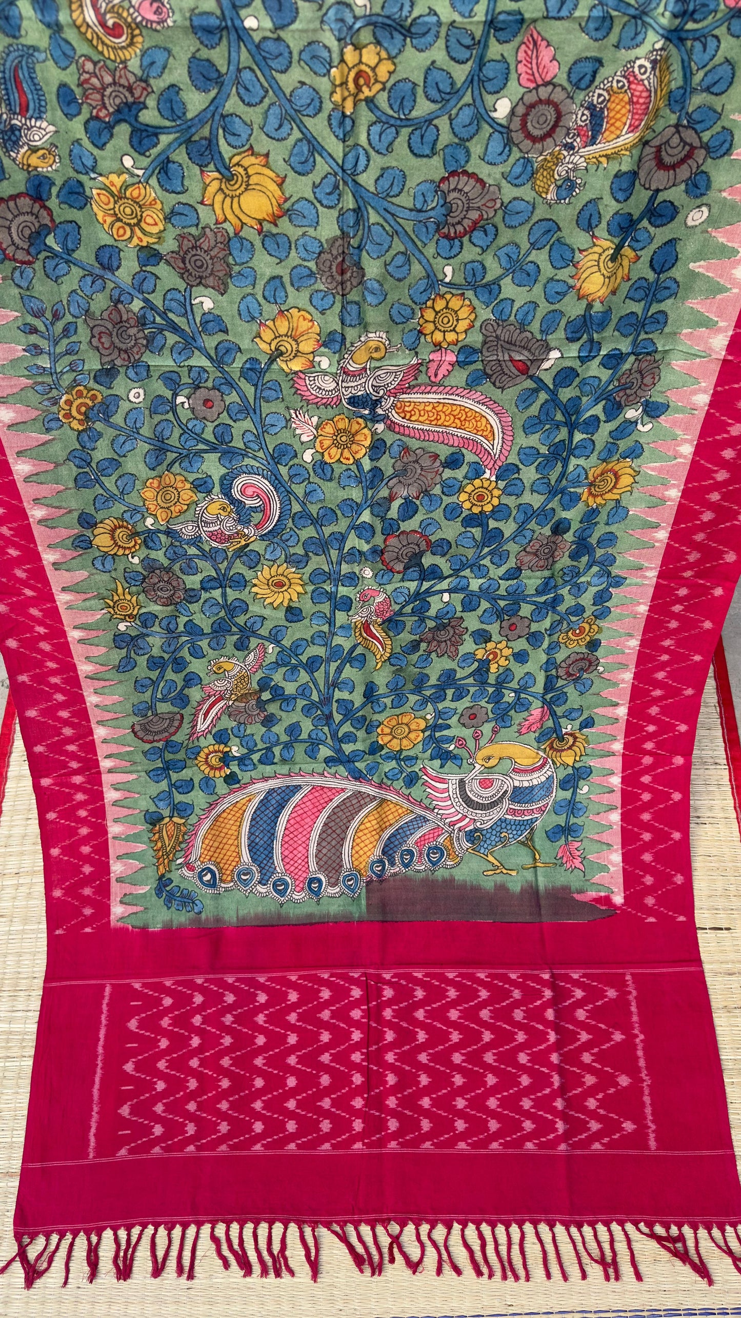 Traditional Penkalamkari on Ikkat cotton dupatta