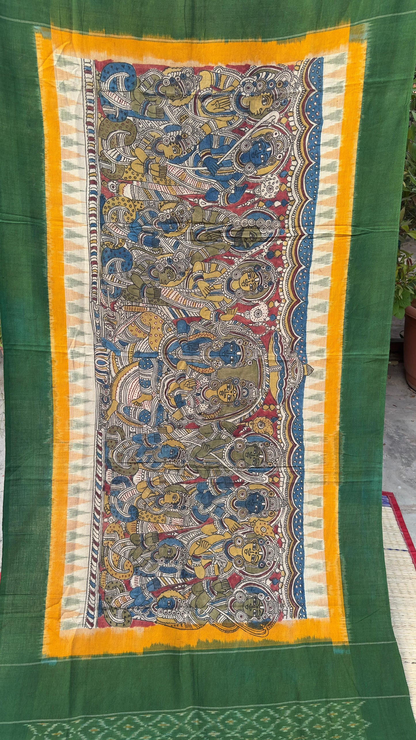 Traditional Penkalamkari on Ikkat cotton dupatta