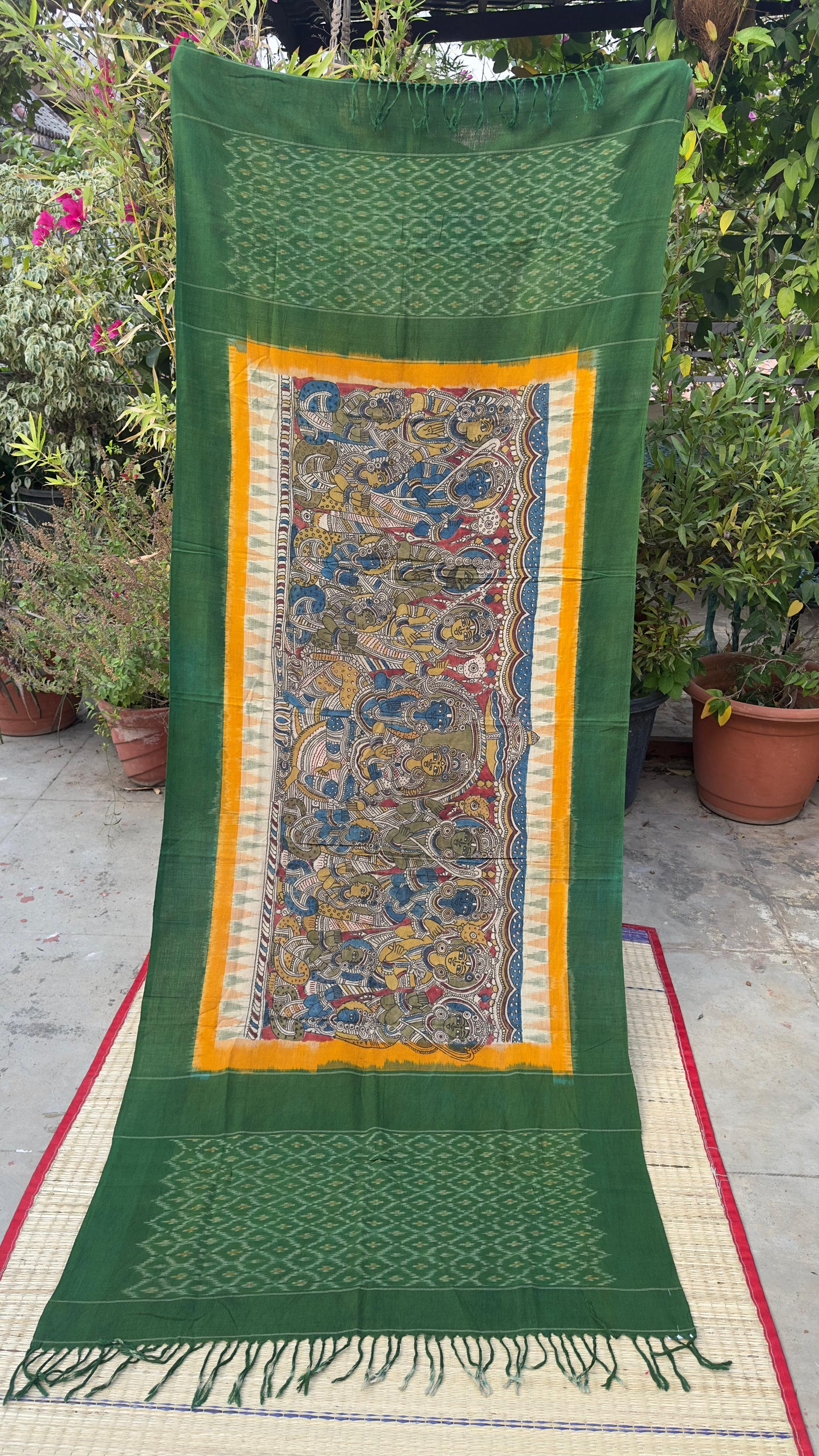 Traditional Penkalamkari on Ikkat cotton dupatta