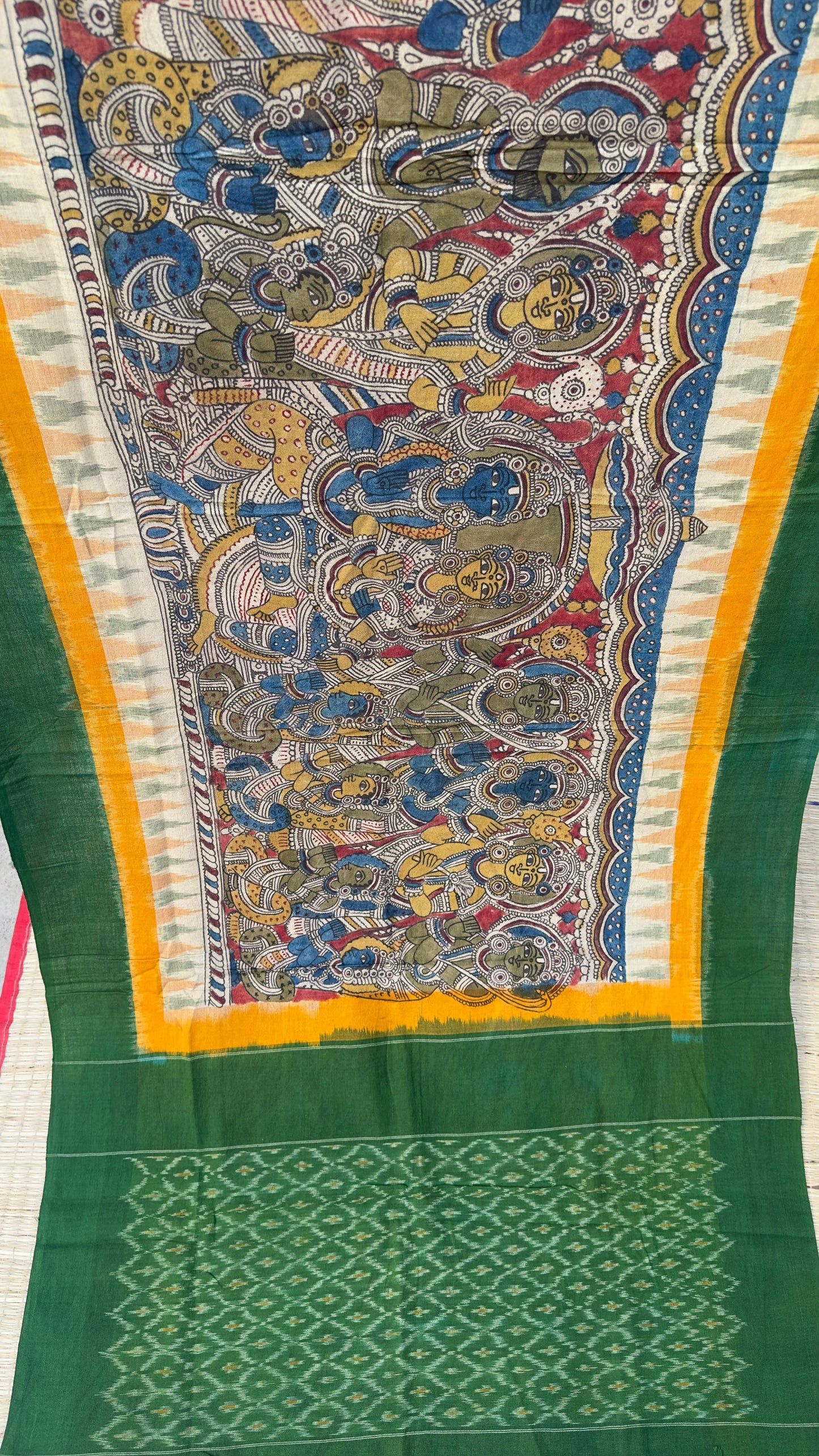 Traditional Penkalamkari on Ikkat cotton dupatta