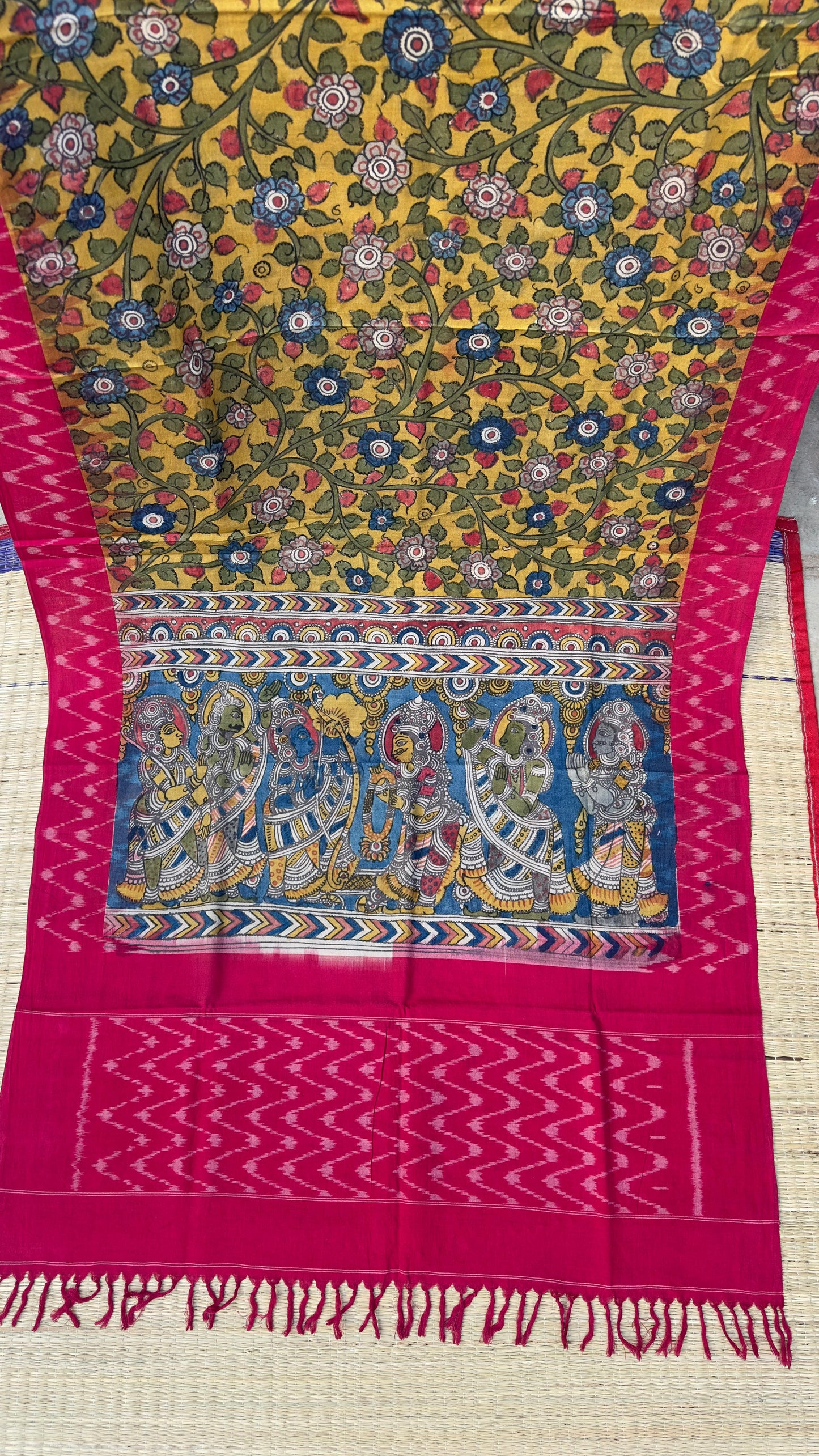 Traditional Penkalamkari on Ikkat cotton dupatta