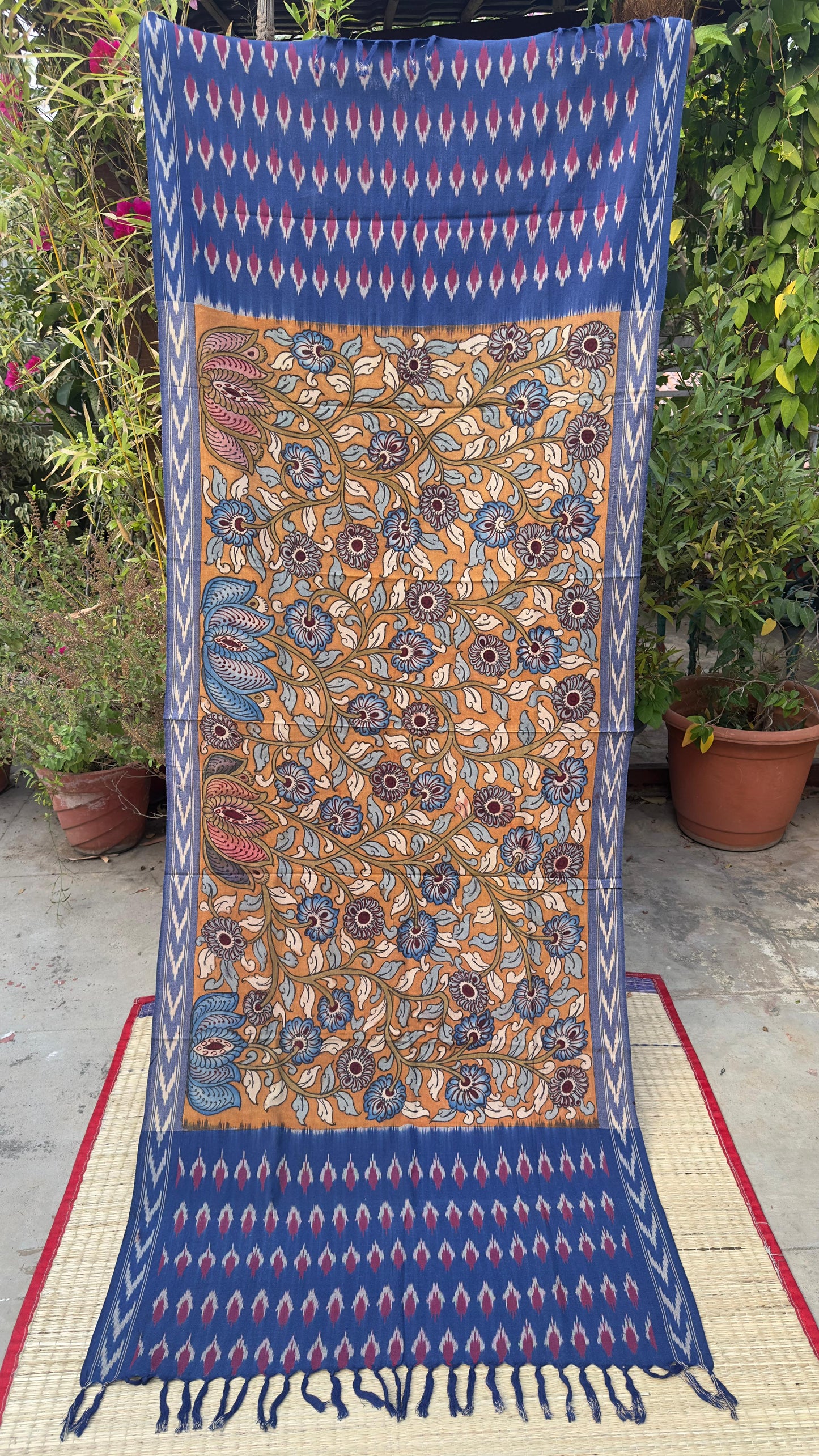 Traditional Penkalamkari on Ikkat cotton dupatta