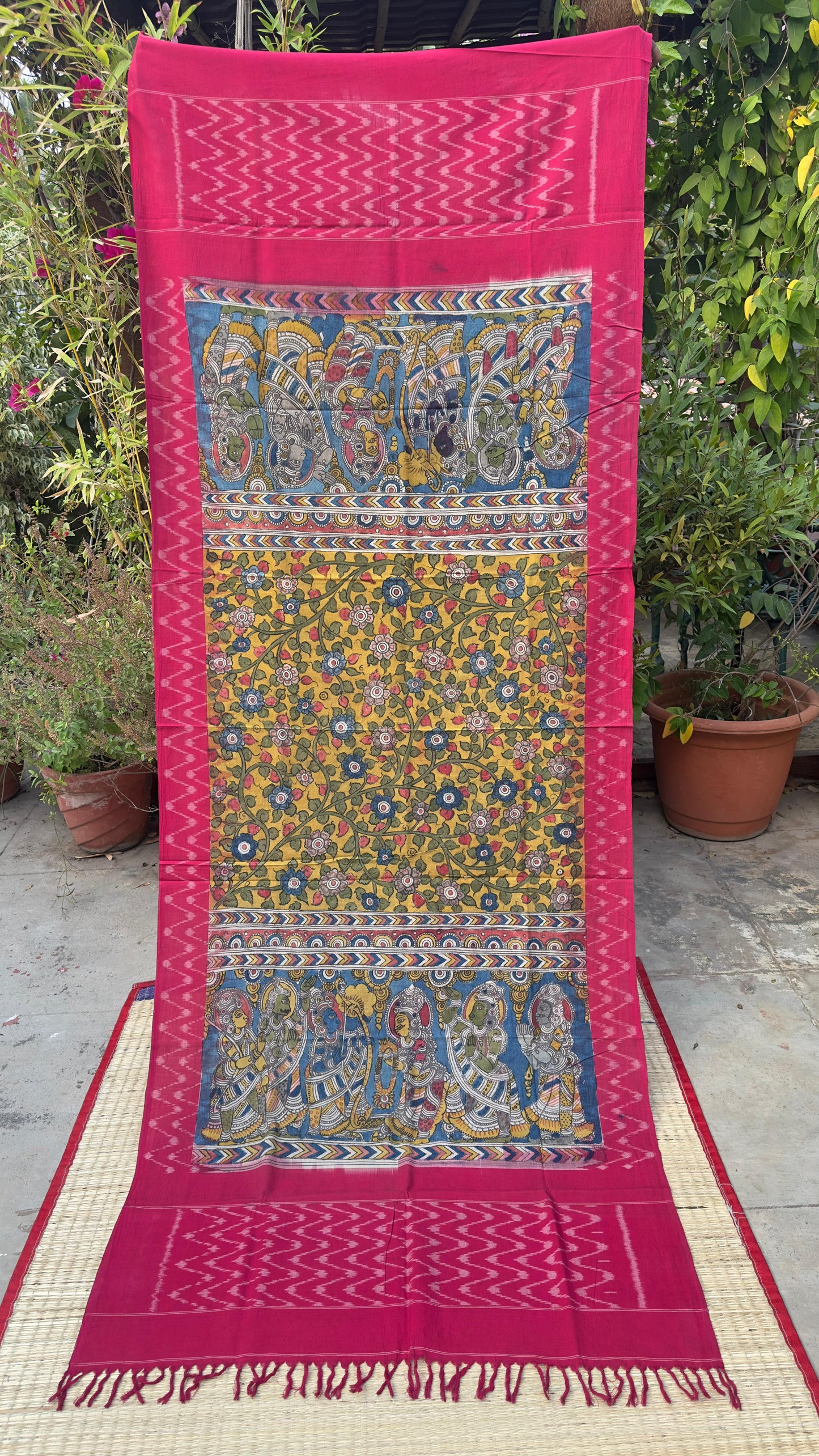 Traditional Penkalamkari on Ikkat cotton dupatta