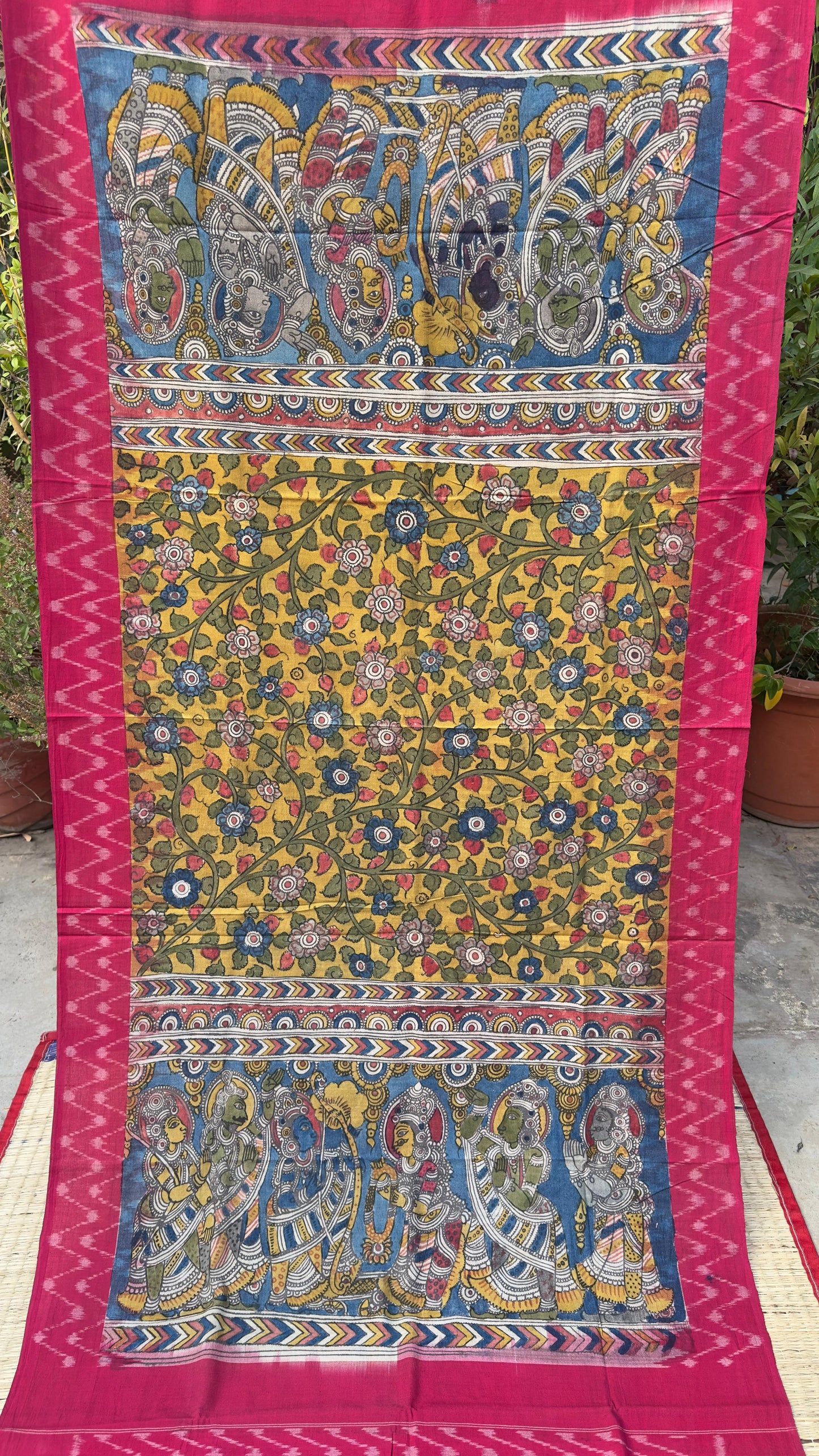 Traditional Penkalamkari on Ikkat cotton dupatta