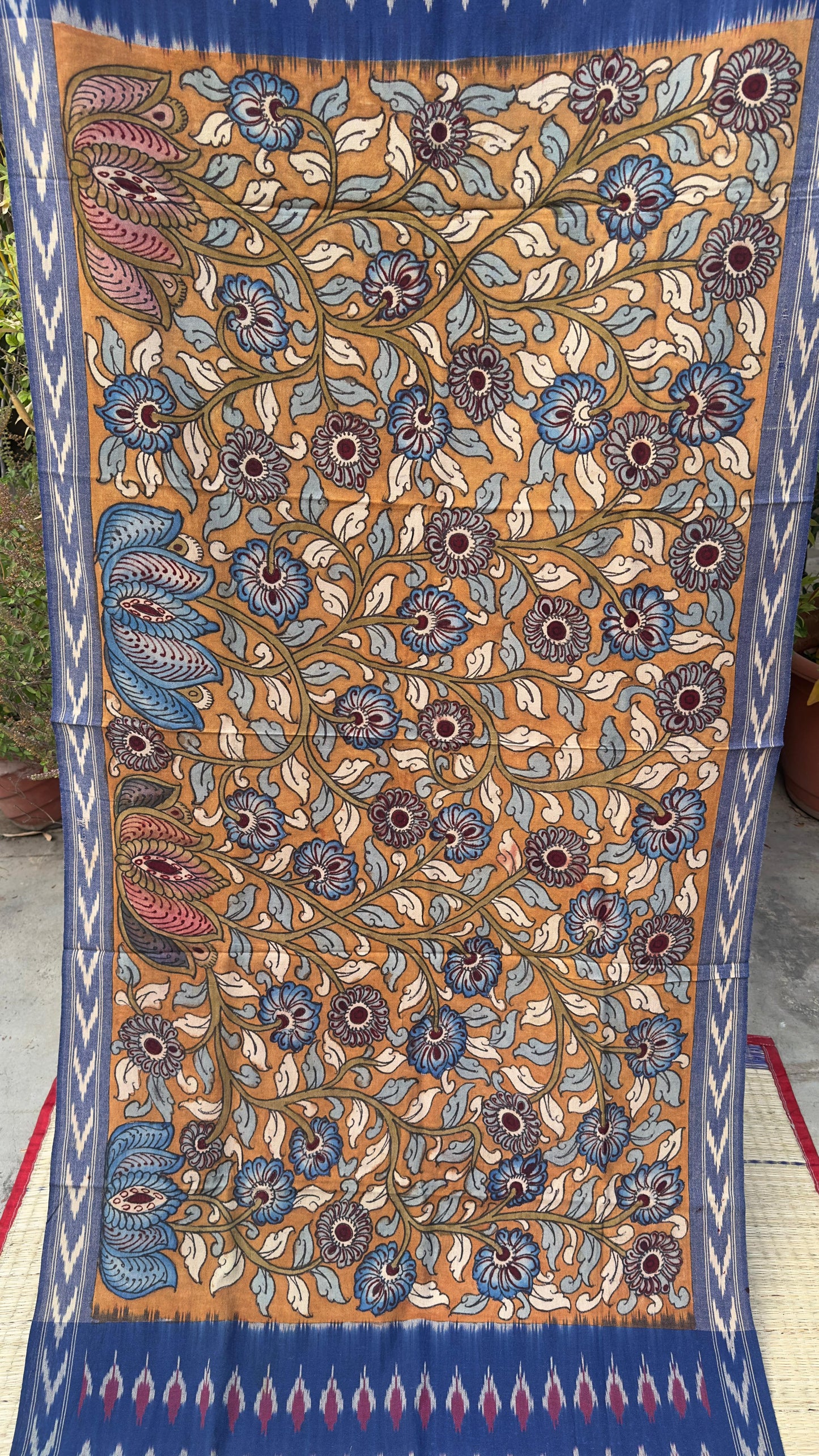 Traditional Penkalamkari on Ikkat cotton dupatta