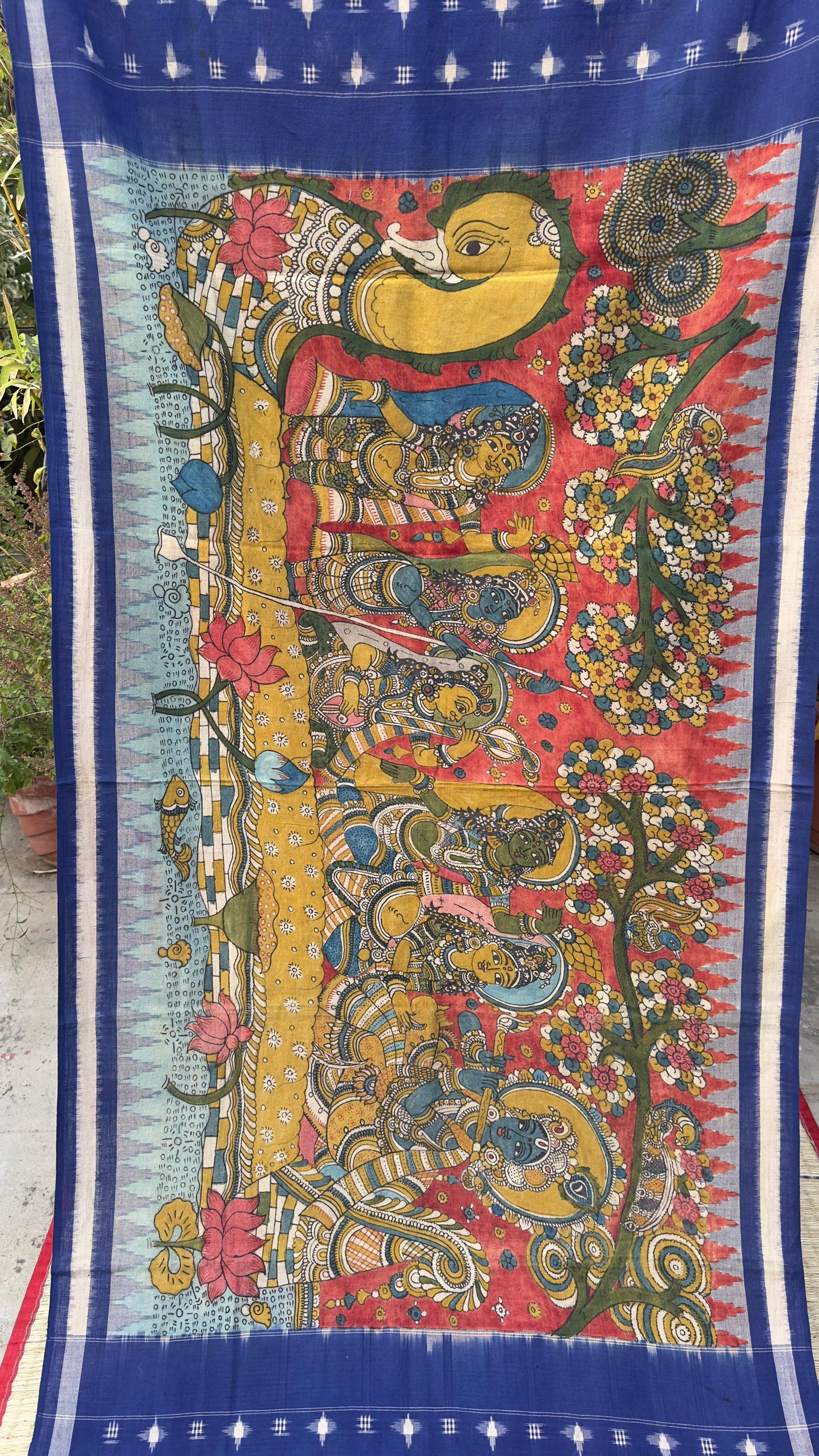 Traditional Penkalamkari on Ikkat cotton dupatta