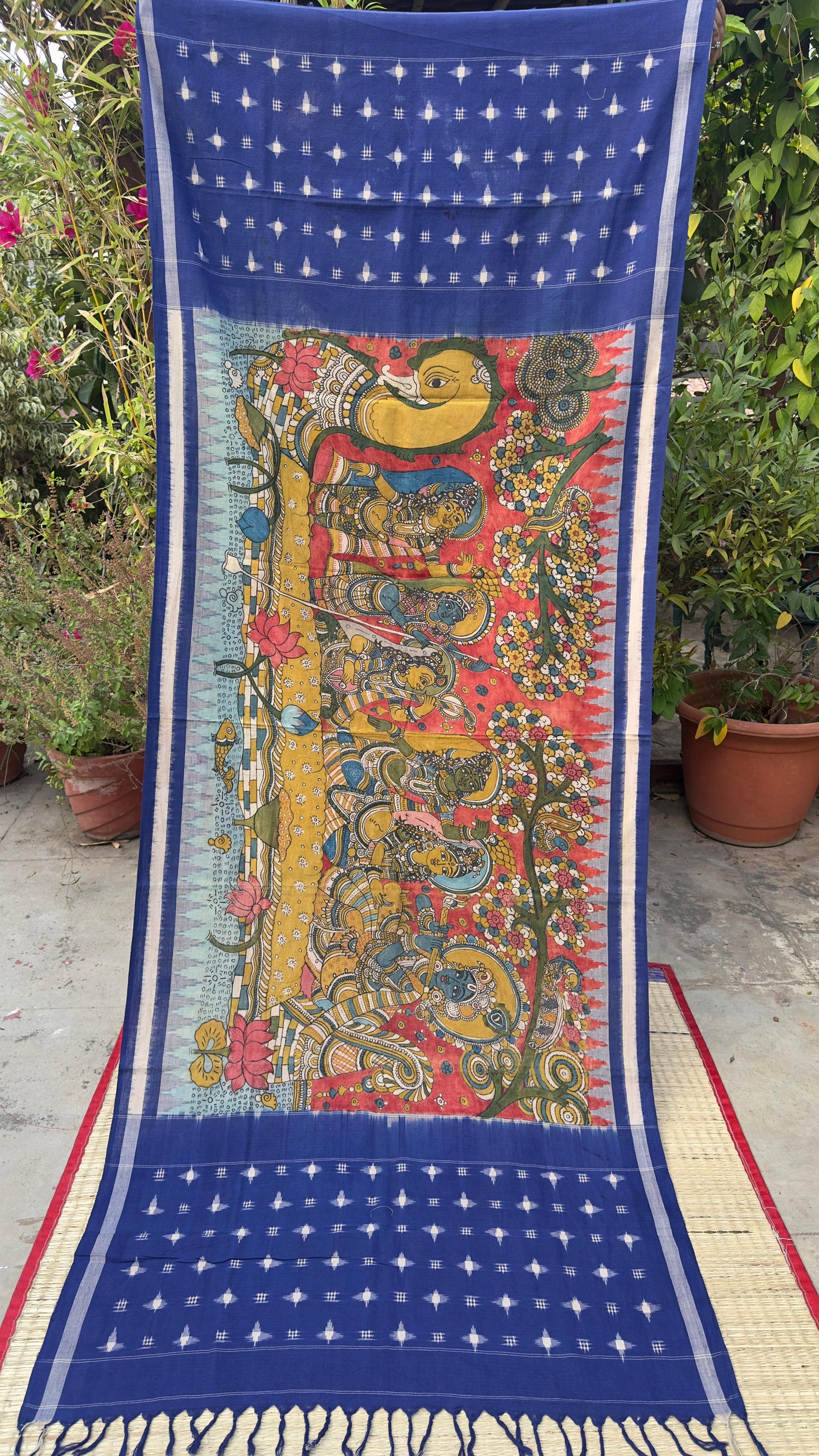 Traditional Penkalamkari on Ikkat cotton dupatta