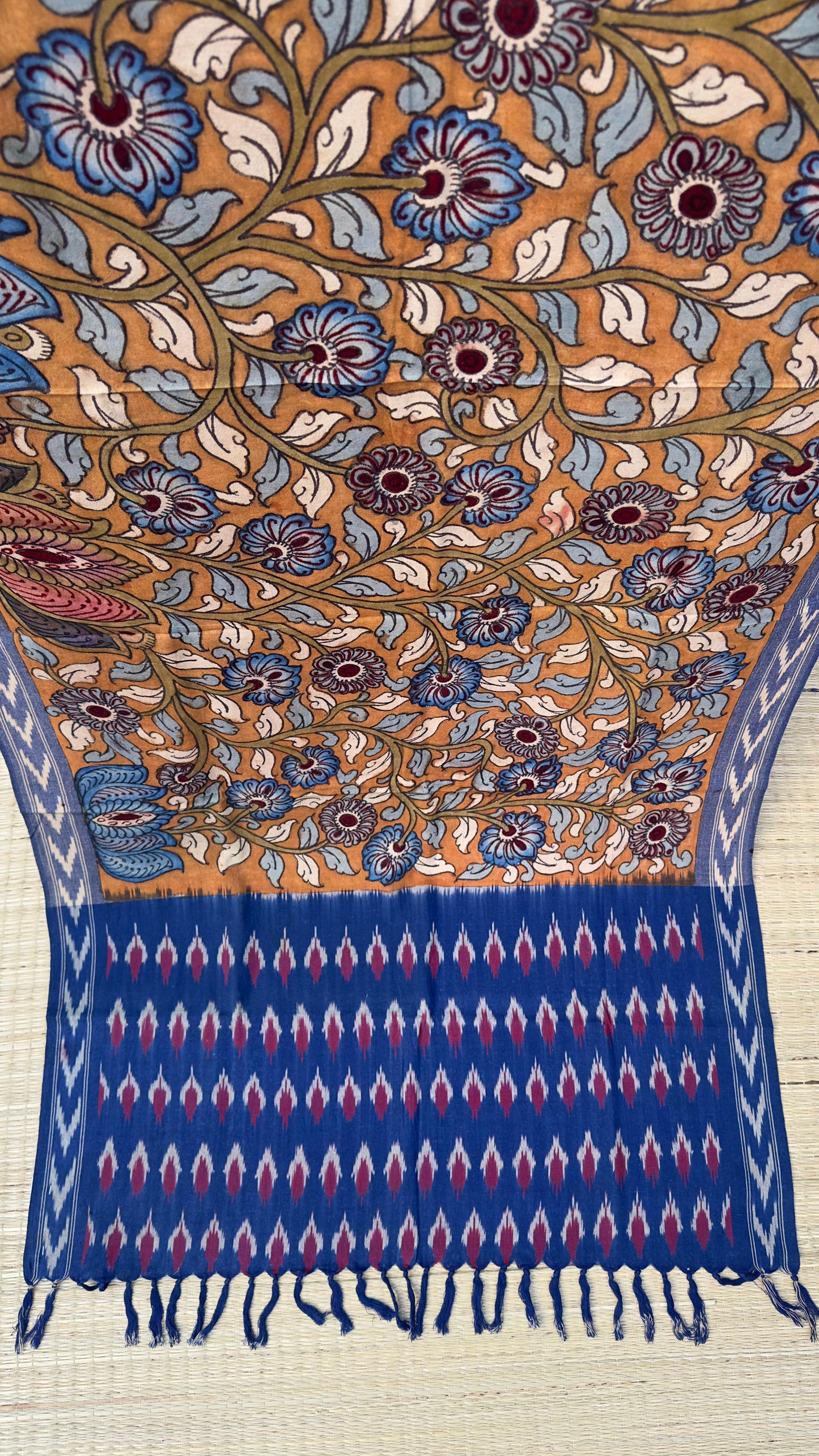Traditional Penkalamkari on Ikkat cotton dupatta