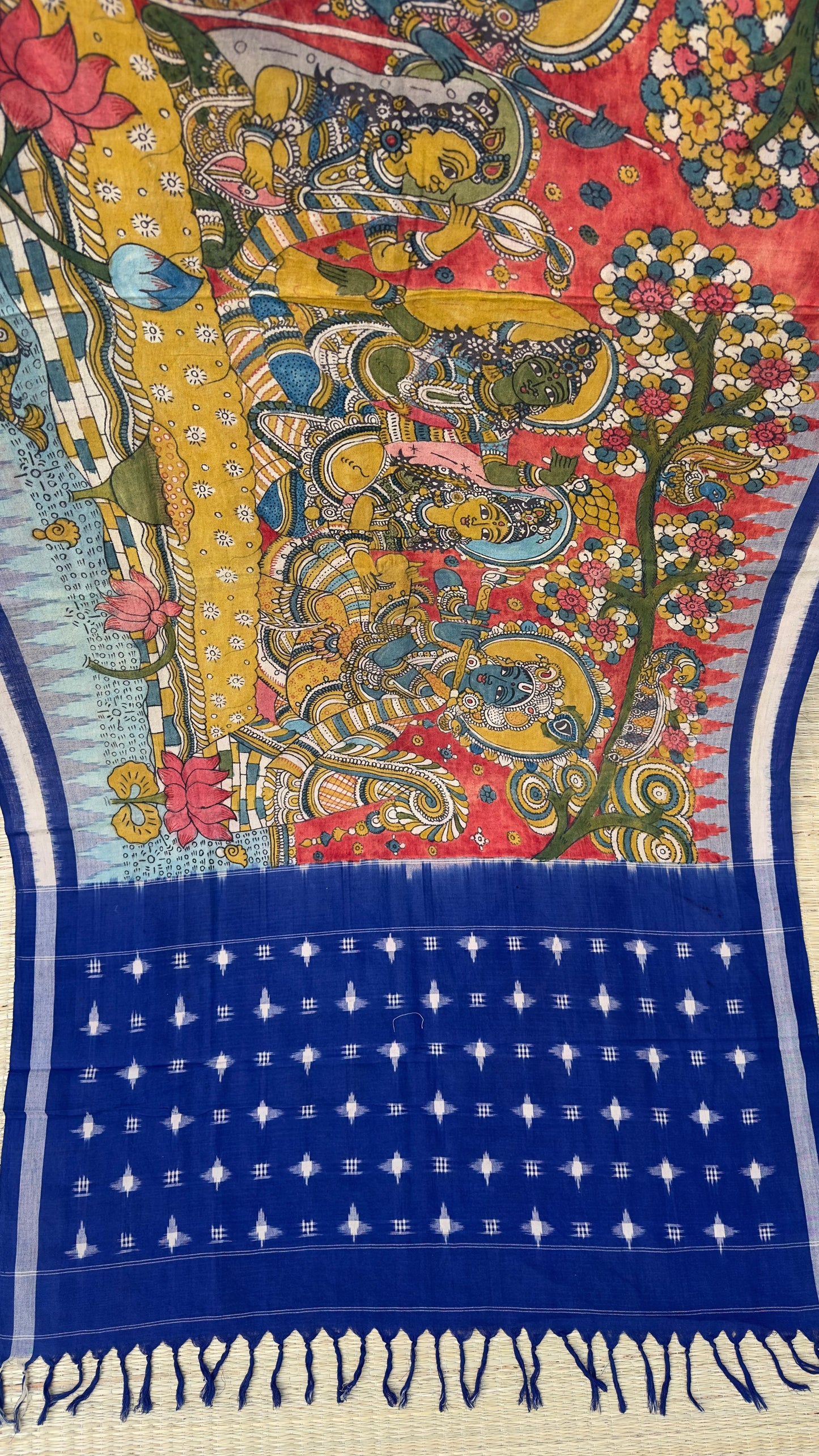Traditional Penkalamkari on Ikkat cotton dupatta