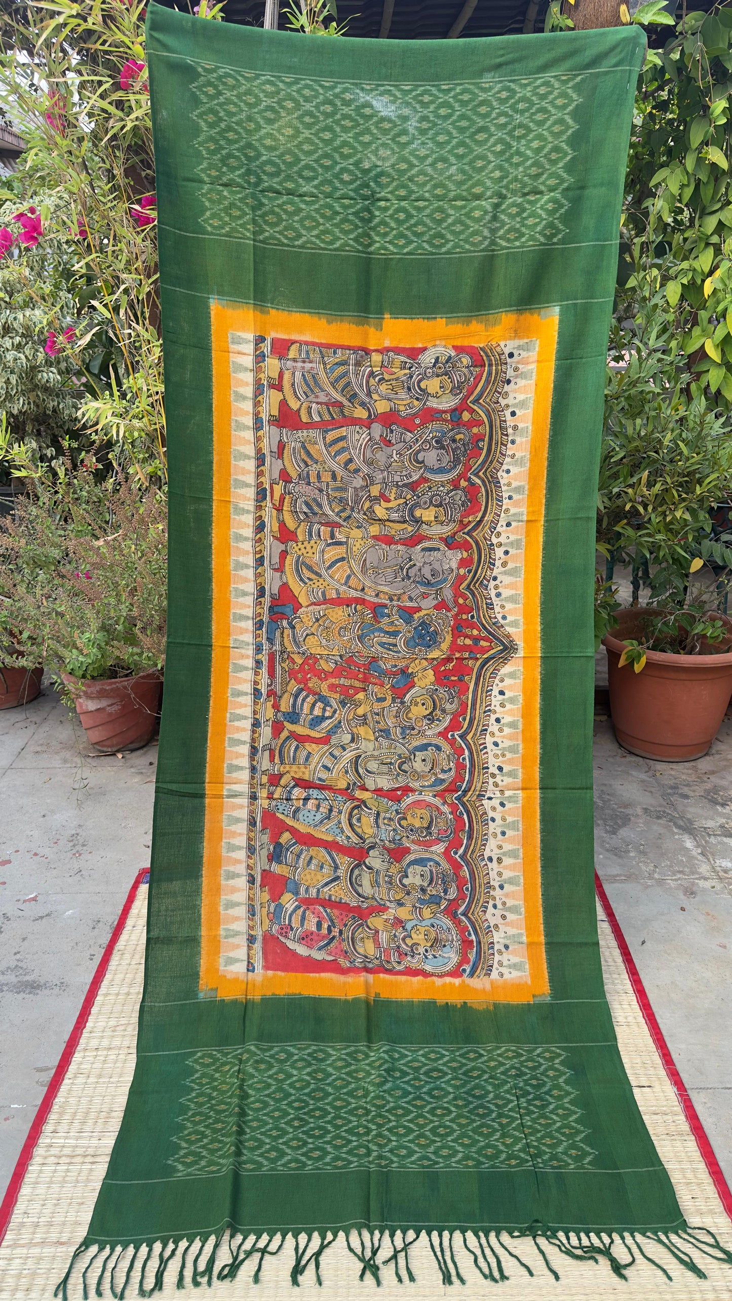 Traditional Penkalamkari on Ikkat cotton dupatta
