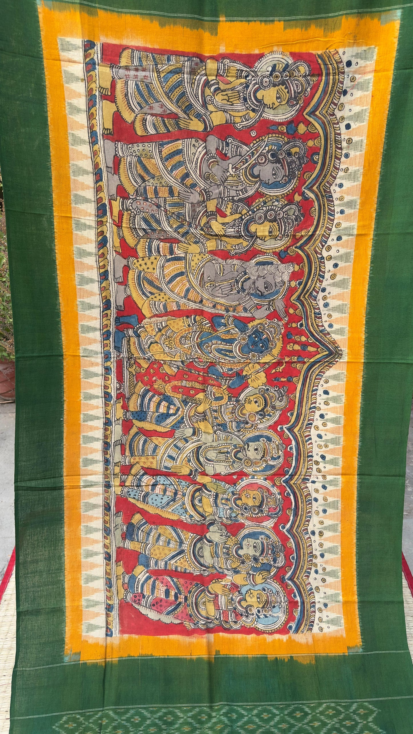 Traditional Penkalamkari on Ikkat cotton dupatta